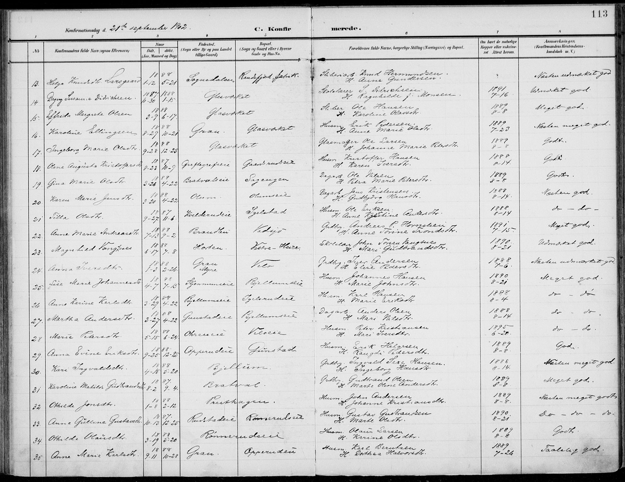 Jevnaker prestekontor, SAH/PREST-116/H/Ha/Haa/L0011: Parish register (official) no. 11, 1902-1913, p. 113