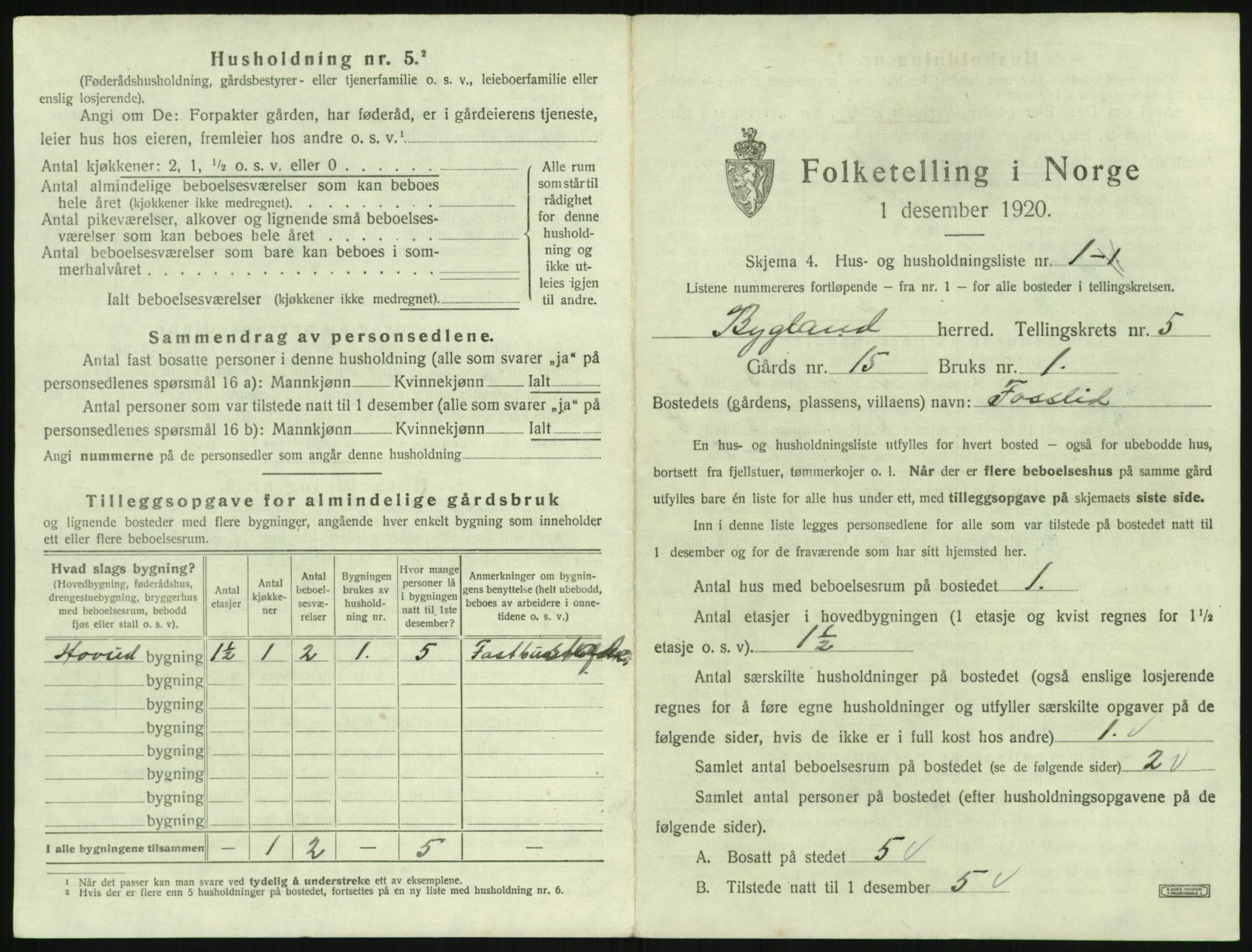 SAK, 1920 census for Bygland, 1920, p. 227