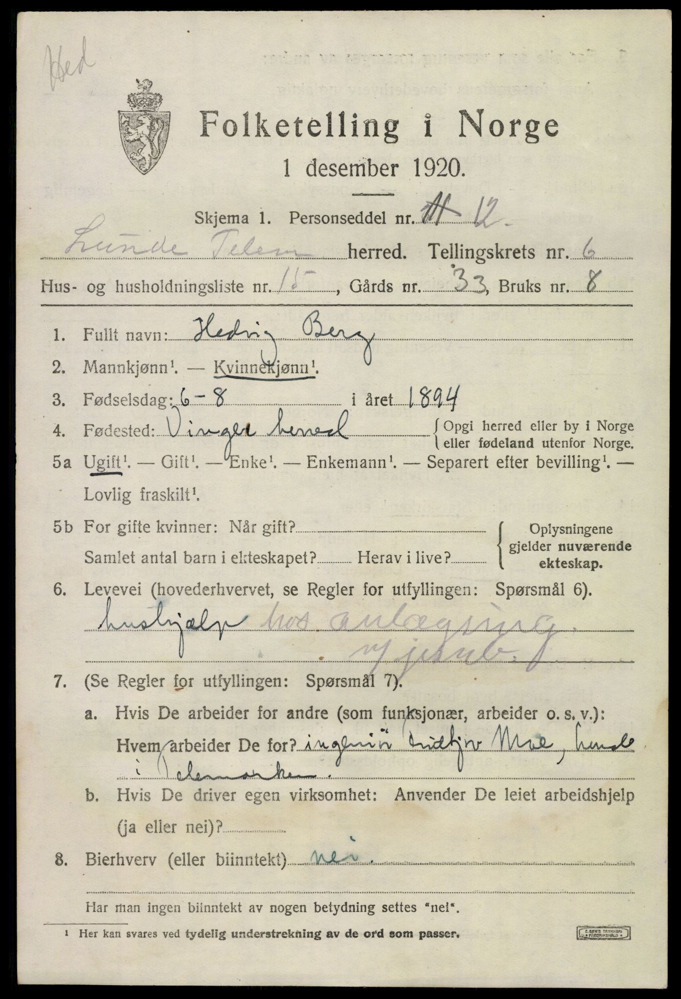 SAKO, 1920 census for Lunde, 1920, p. 4419