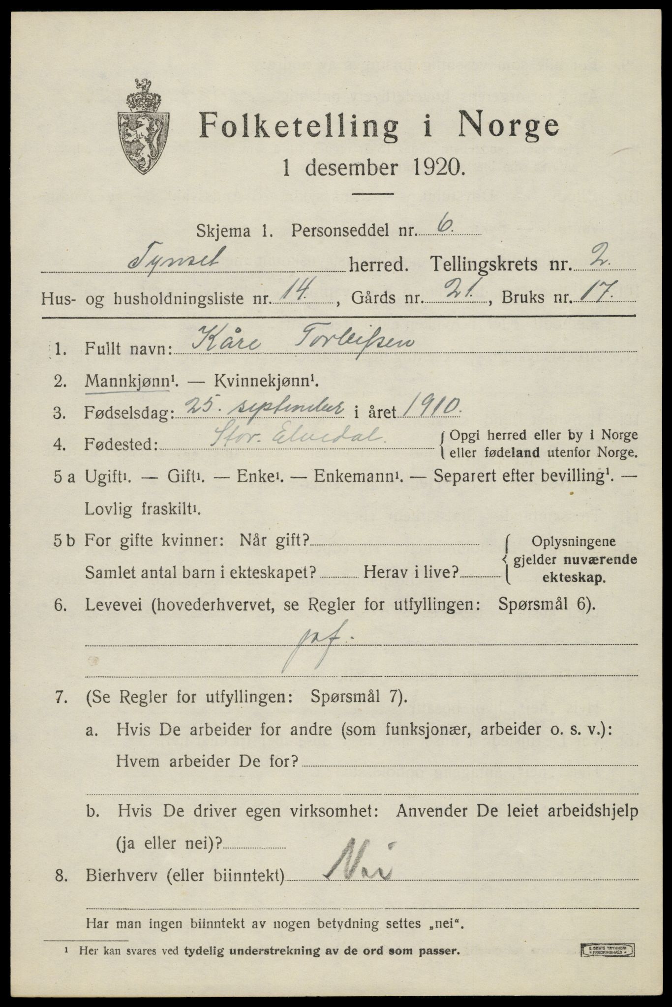 SAH, 1920 census for Tynset, 1920, p. 2456