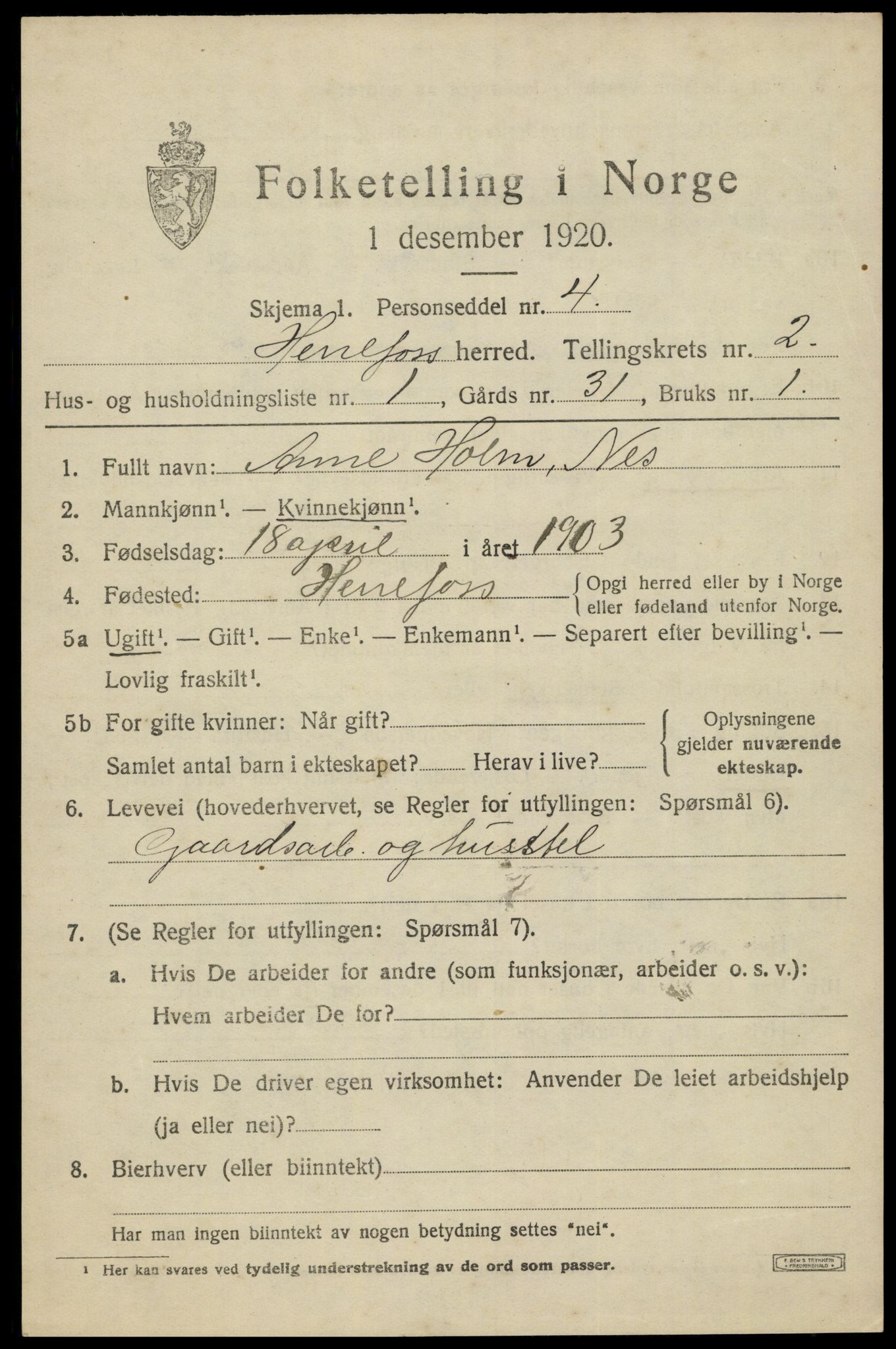 SAK, 1920 census for Herefoss, 1920, p. 324