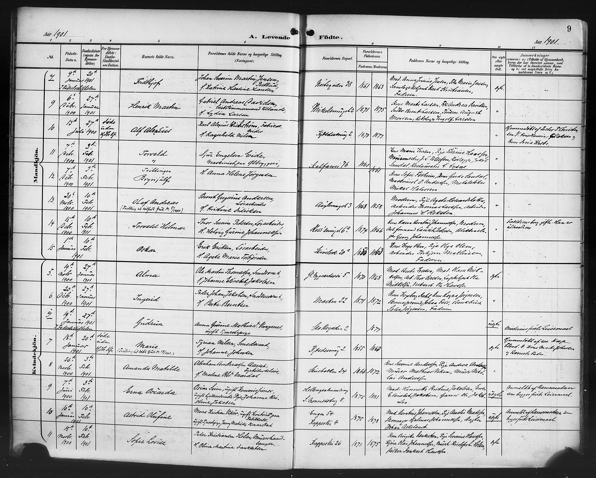 Domkirken sokneprestembete, AV/SAB-A-74801/H/Hab/L0017: Parish register (copy) no. B 10, 1900-1915, p. 9