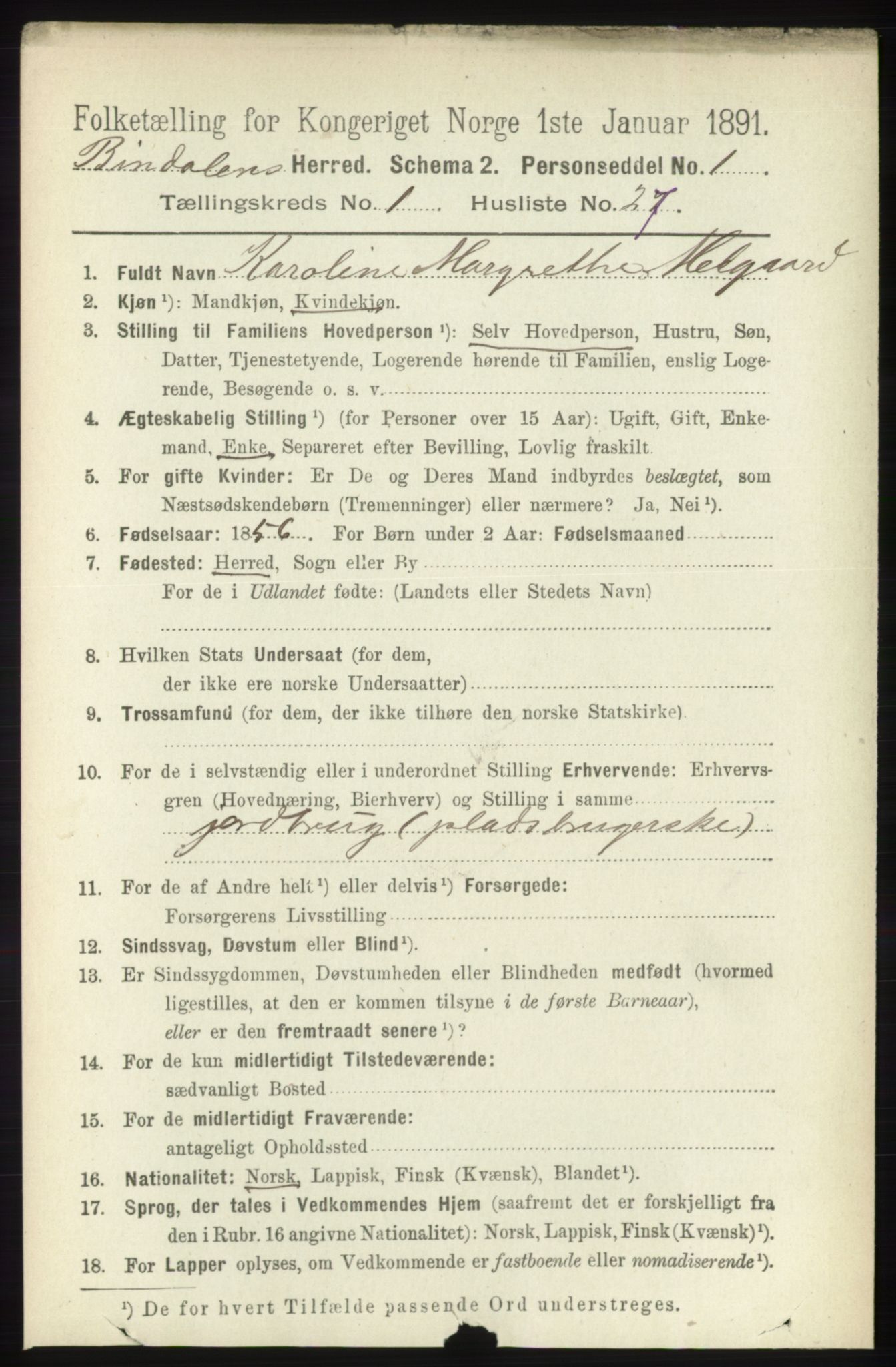 RA, 1891 census for 1811 Bindal, 1891, p. 226