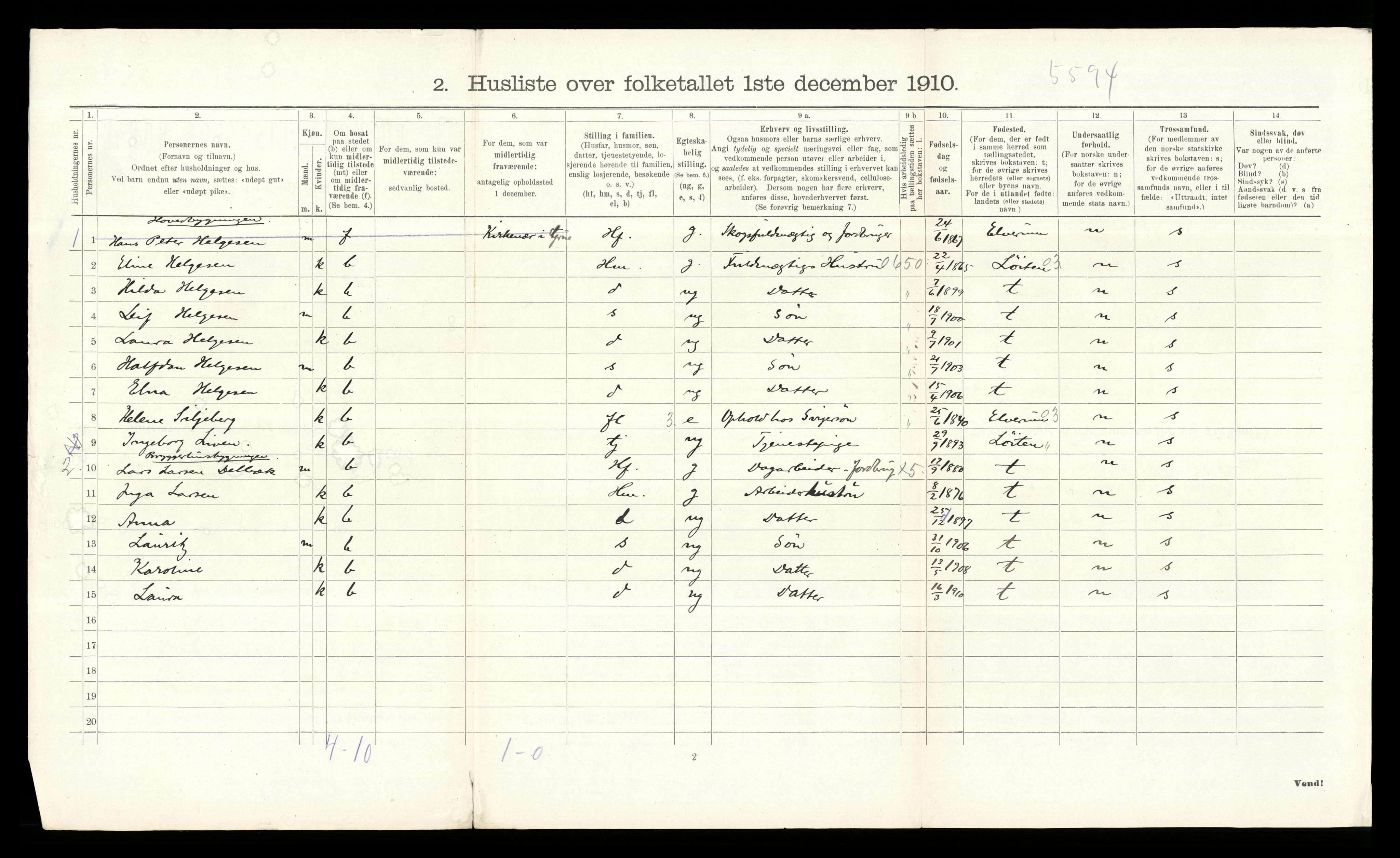 RA, 1910 census for Grue, 1910, p. 2076