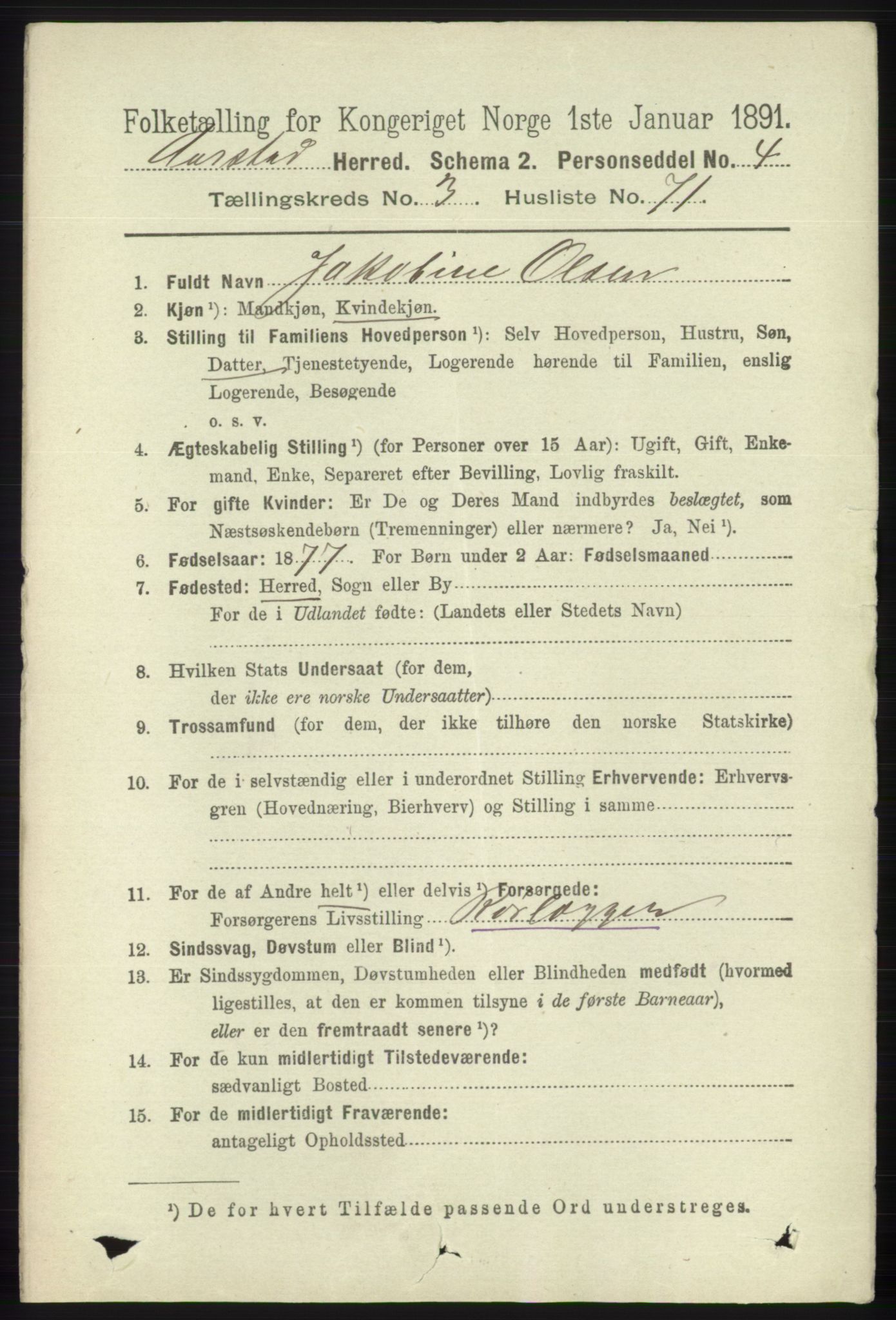 SAB, 1891 Census for 1280 Årstad, 1891, p. 2872