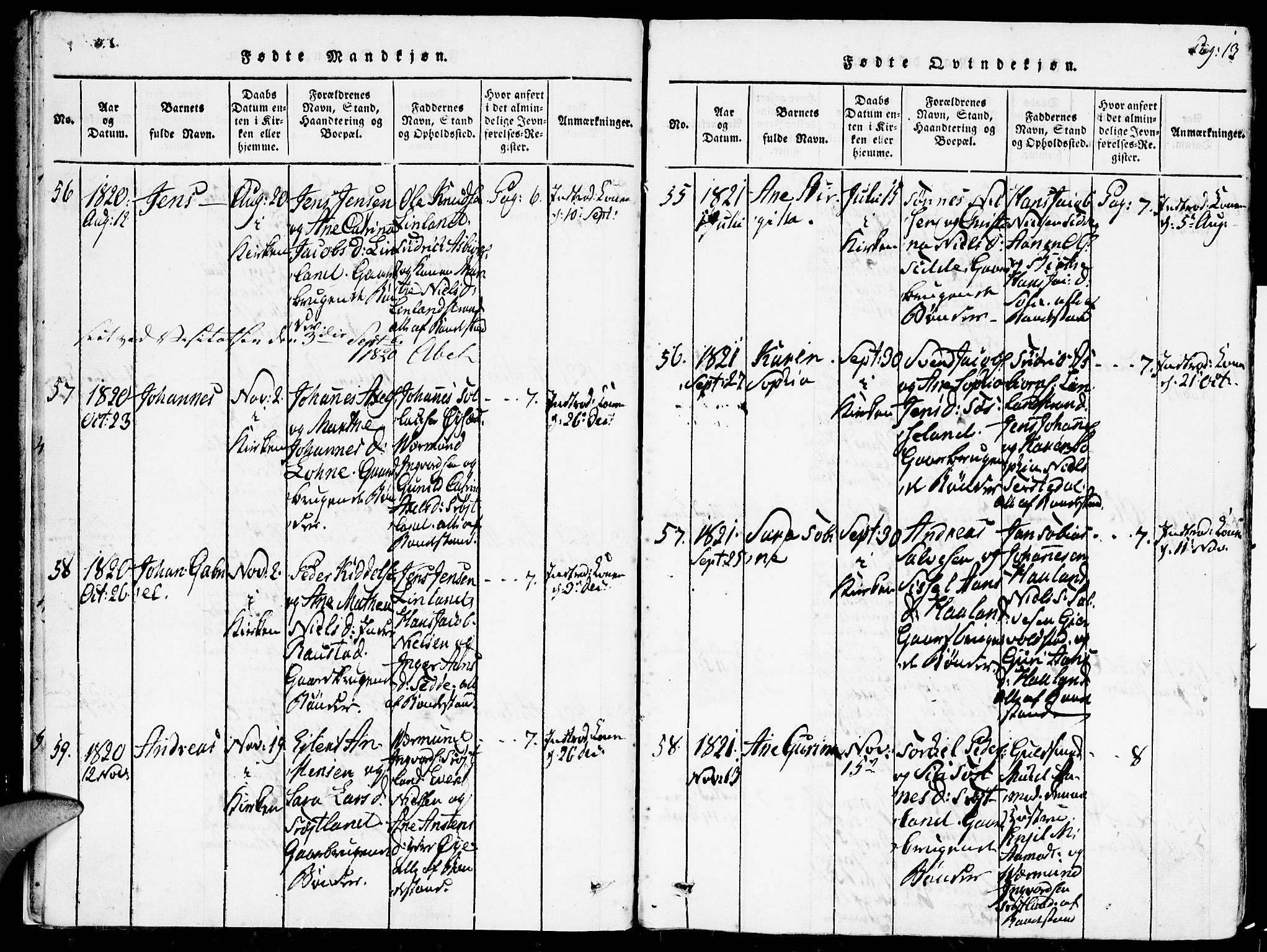 Kvinesdal sokneprestkontor, AV/SAK-1111-0026/F/Fa/Faa/L0001: Parish register (official) no. A 1, 1815-1849, p. 13