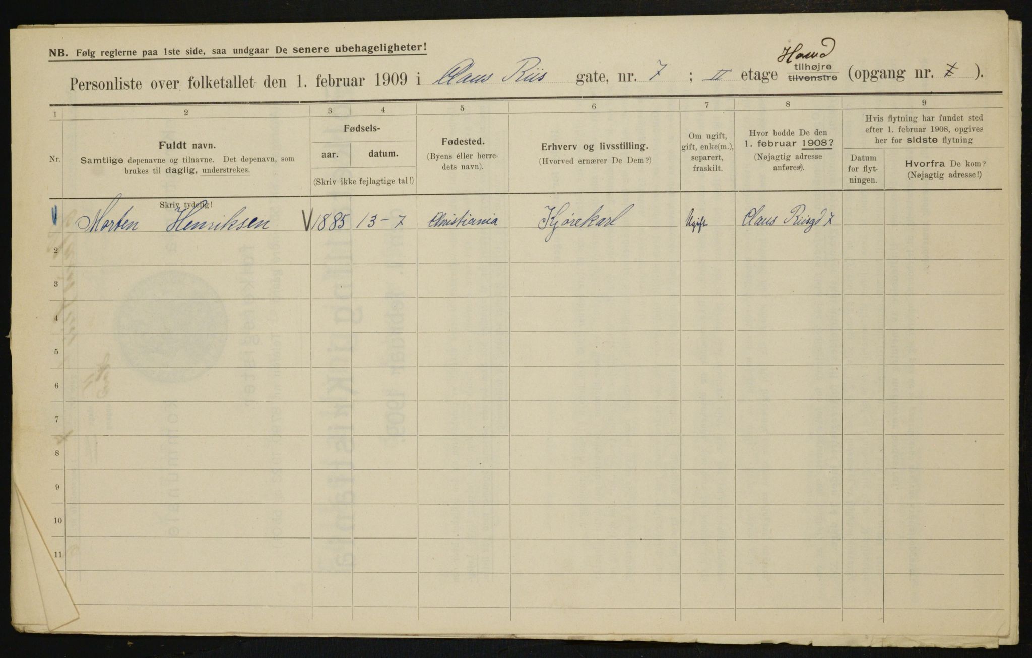 OBA, Municipal Census 1909 for Kristiania, 1909, p. 11533