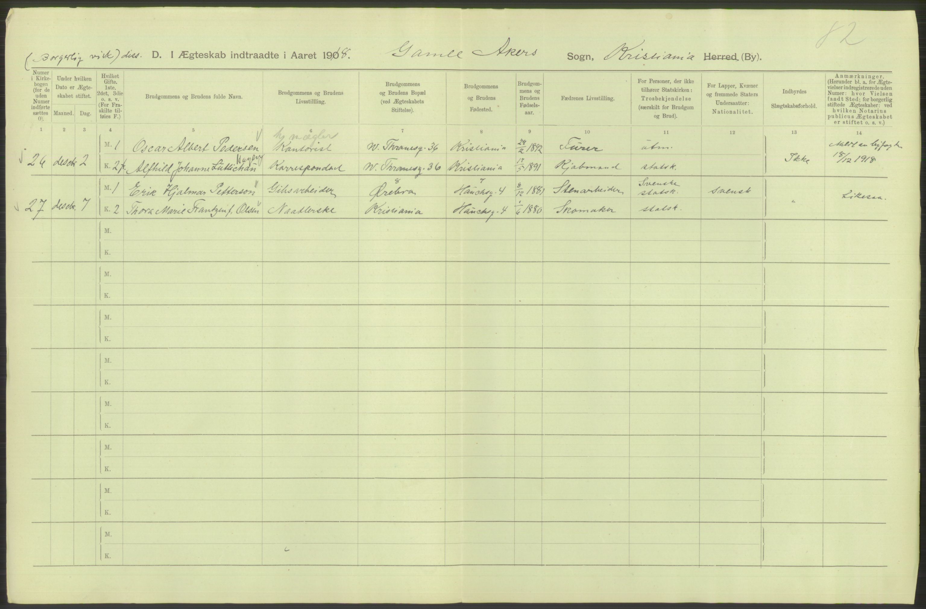 Statistisk sentralbyrå, Sosiodemografiske emner, Befolkning, RA/S-2228/D/Df/Dfb/Dfbh/L0009: Kristiania: Gifte, 1918, p. 344