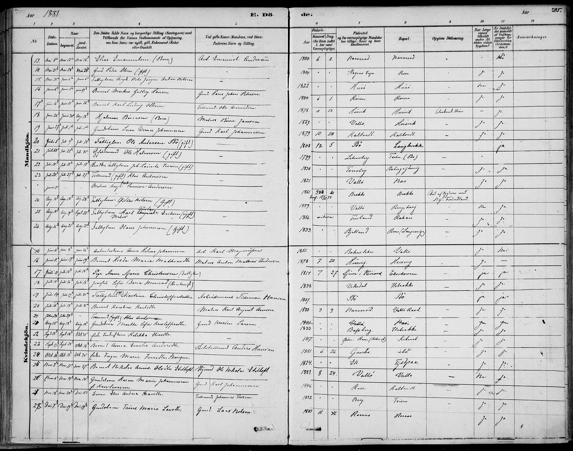 Sem kirkebøker, AV/SAKO-A-5/F/Fb/L0004: Parish register (official) no. II 4, 1878-1891, p. 285