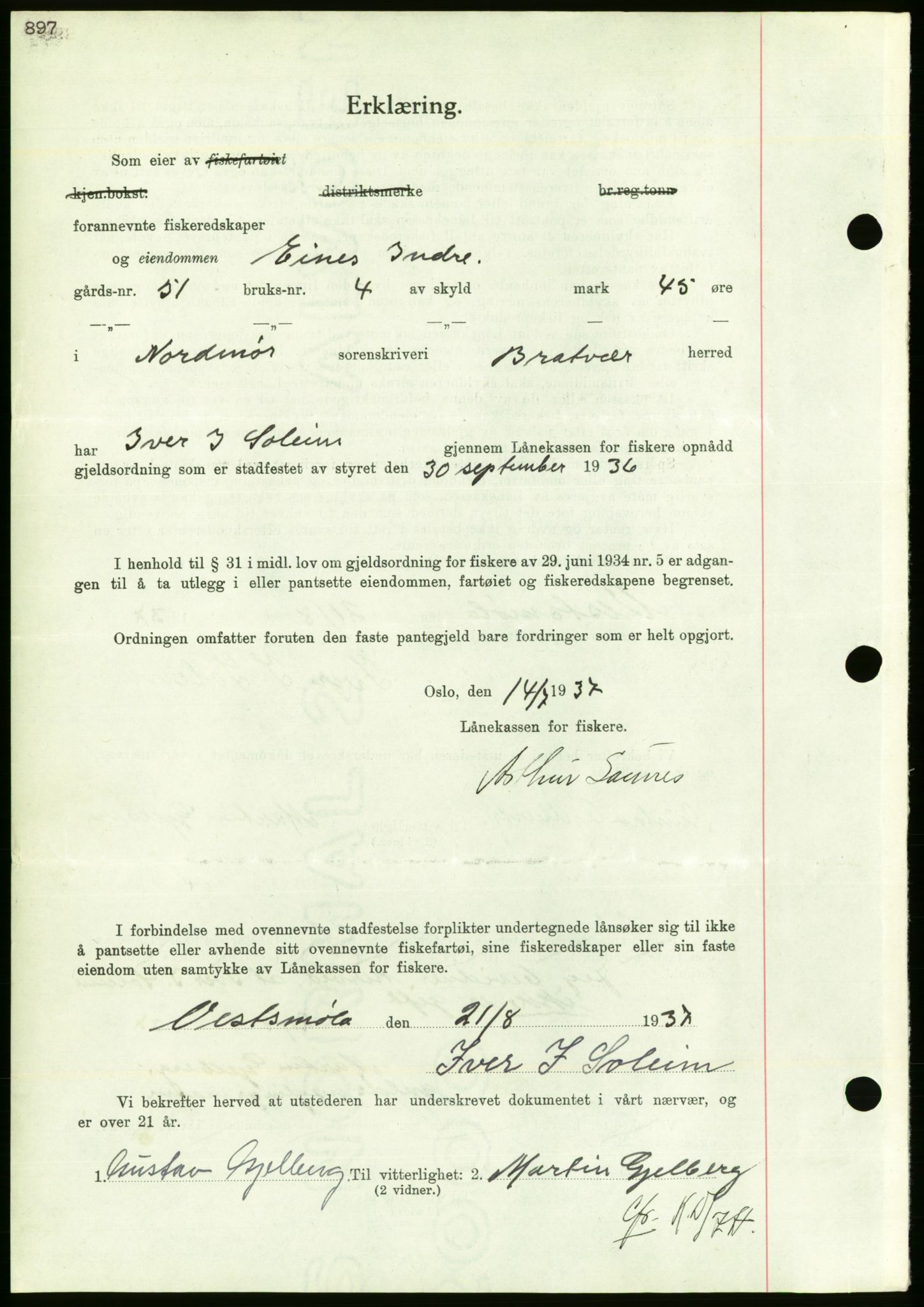 Nordmøre sorenskriveri, AV/SAT-A-4132/1/2/2Ca/L0091: Mortgage book no. B81, 1937-1937, Diary no: : 2173/1937