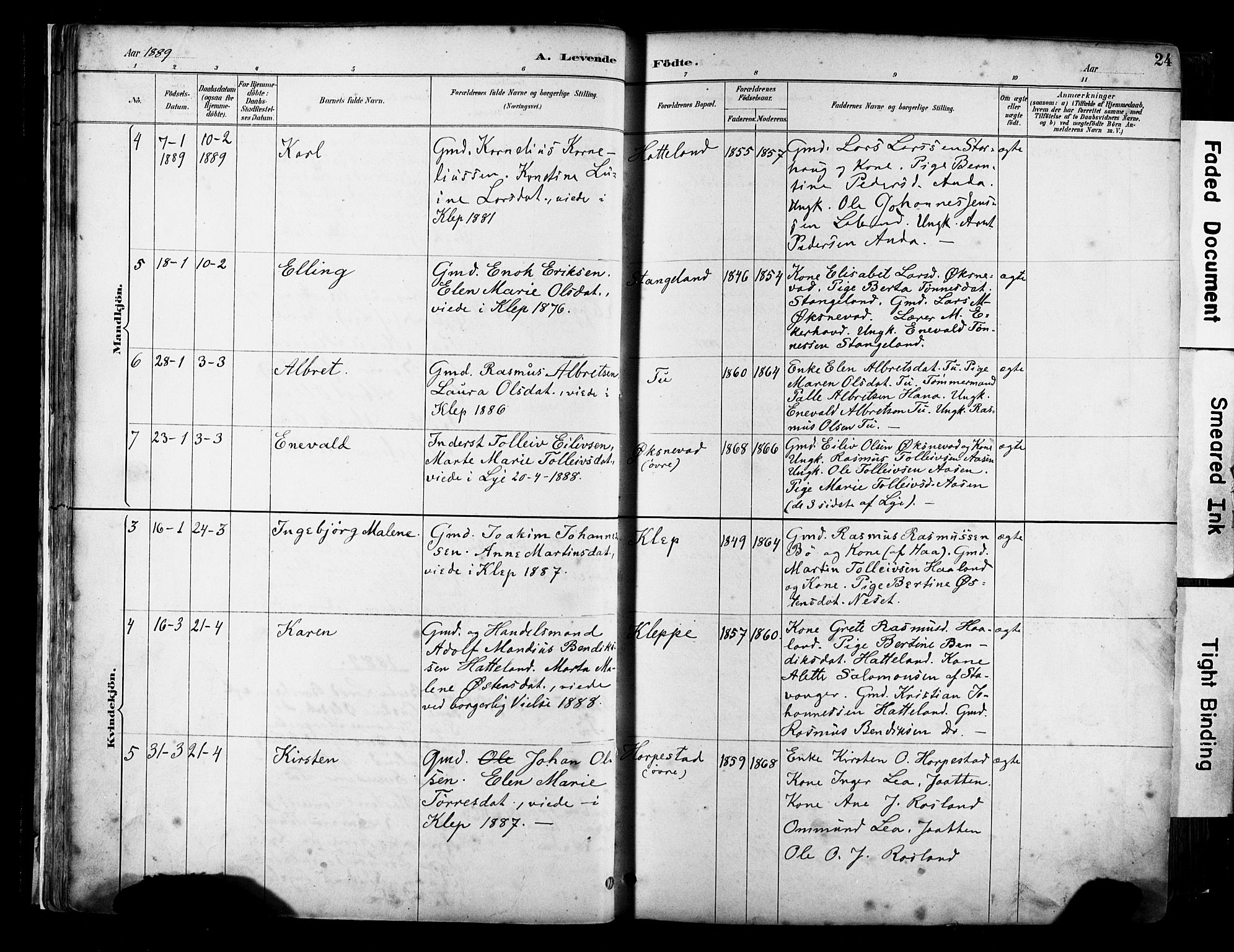 Klepp sokneprestkontor, AV/SAST-A-101803/001/3/30BA/L0009: Parish register (official) no. A 7, 1886-1915, p. 24