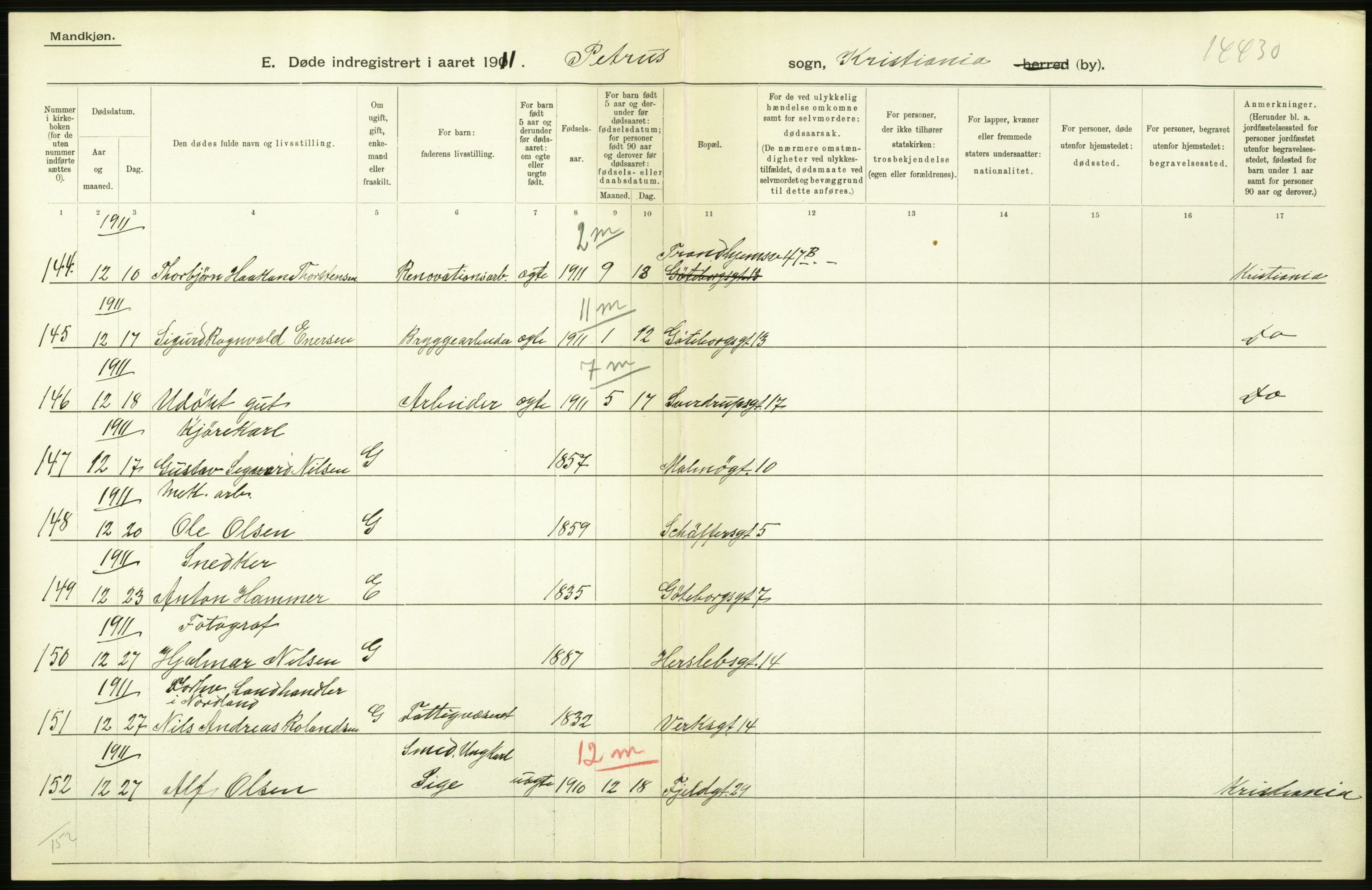 Statistisk sentralbyrå, Sosiodemografiske emner, Befolkning, AV/RA-S-2228/D/Df/Dfb/Dfba/L0009: Kristiania: Døde menn, 1911, p. 286