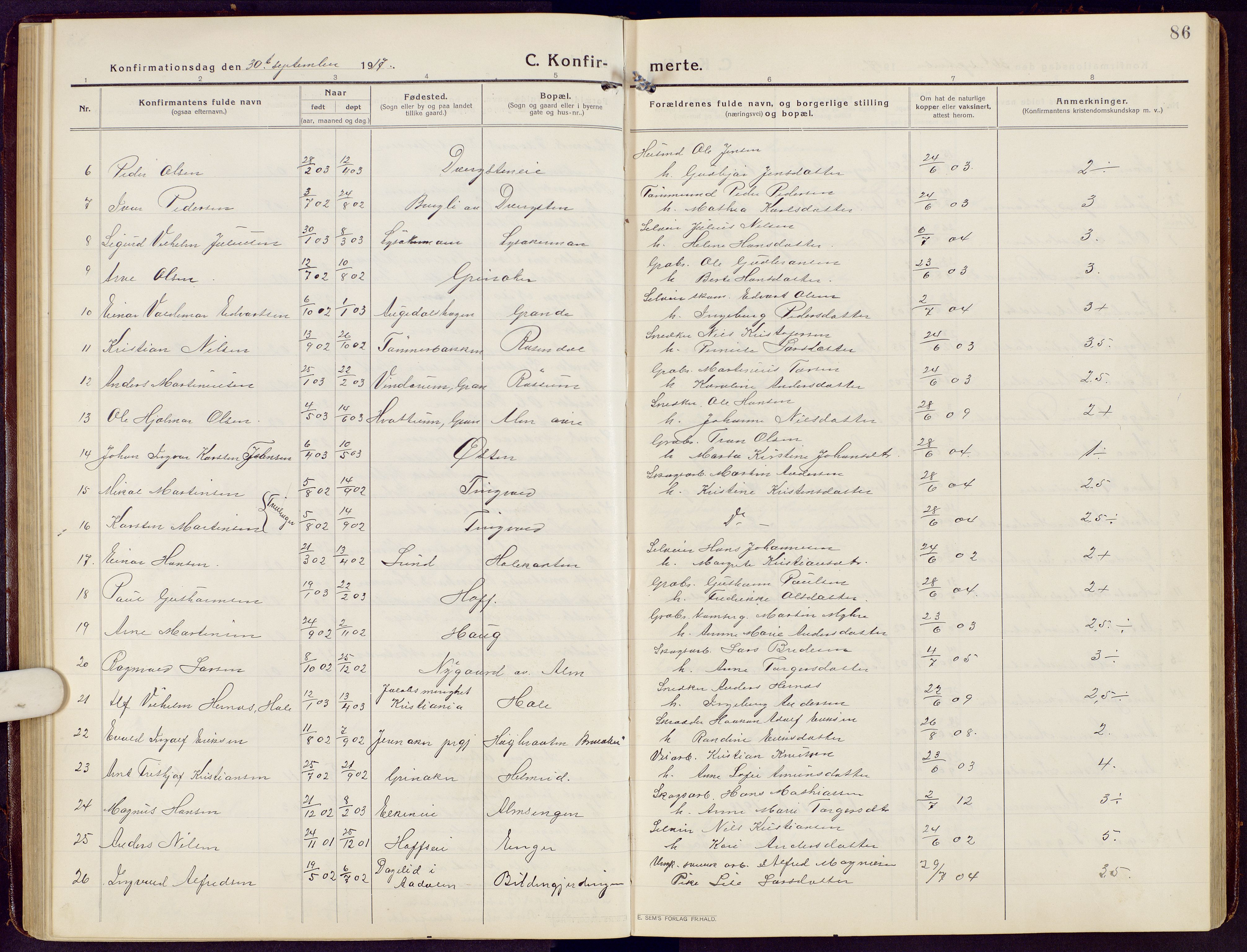 Brandbu prestekontor, AV/SAH-PREST-114/H/Ha/Hab/L0010: Parish register (copy) no. 10, 1916-1930, p. 86