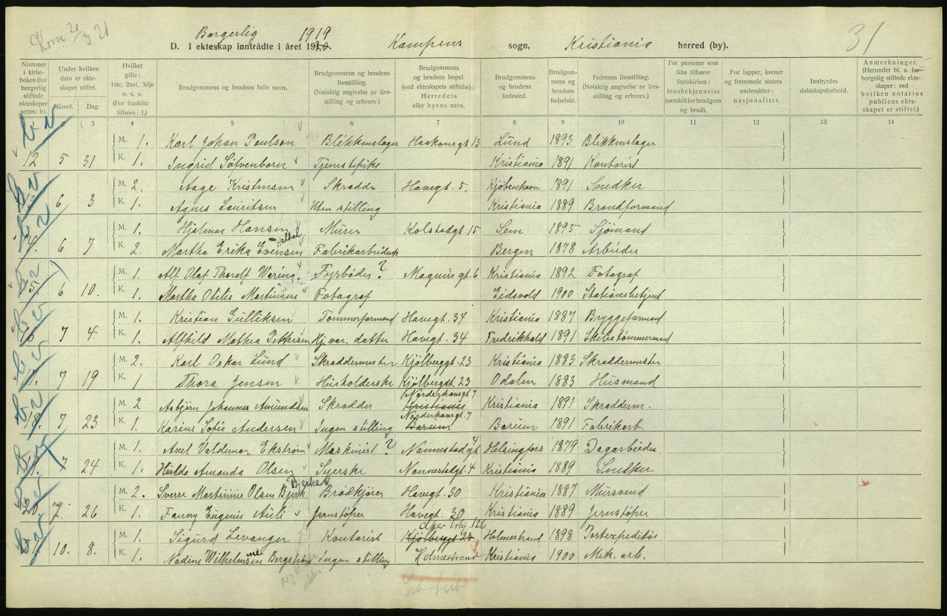 Statistisk sentralbyrå, Sosiodemografiske emner, Befolkning, RA/S-2228/D/Df/Dfb/Dfbi/L0009: Kristiania: Gifte, 1919, p. 546