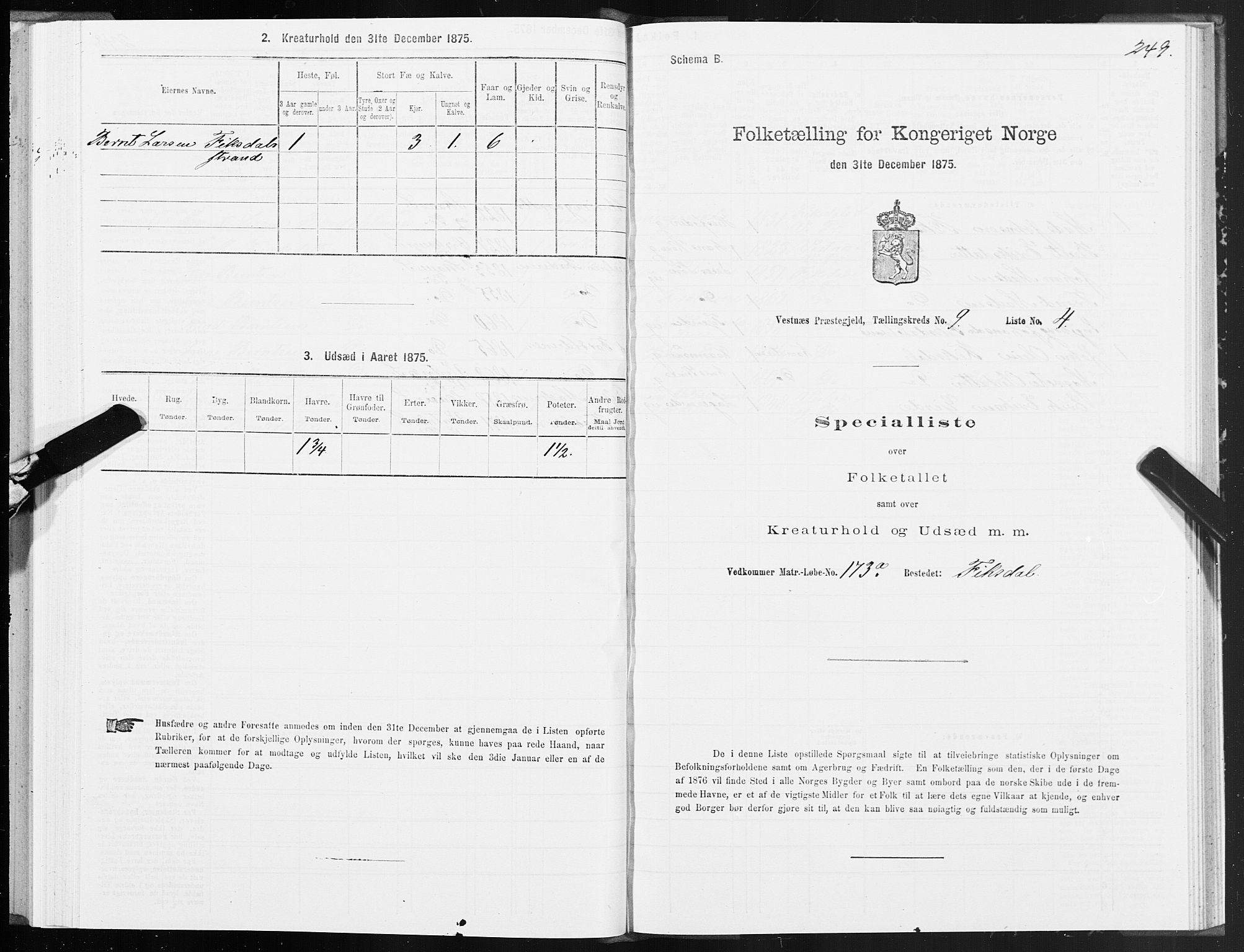 SAT, 1875 census for 1535P Vestnes, 1875, p. 3249