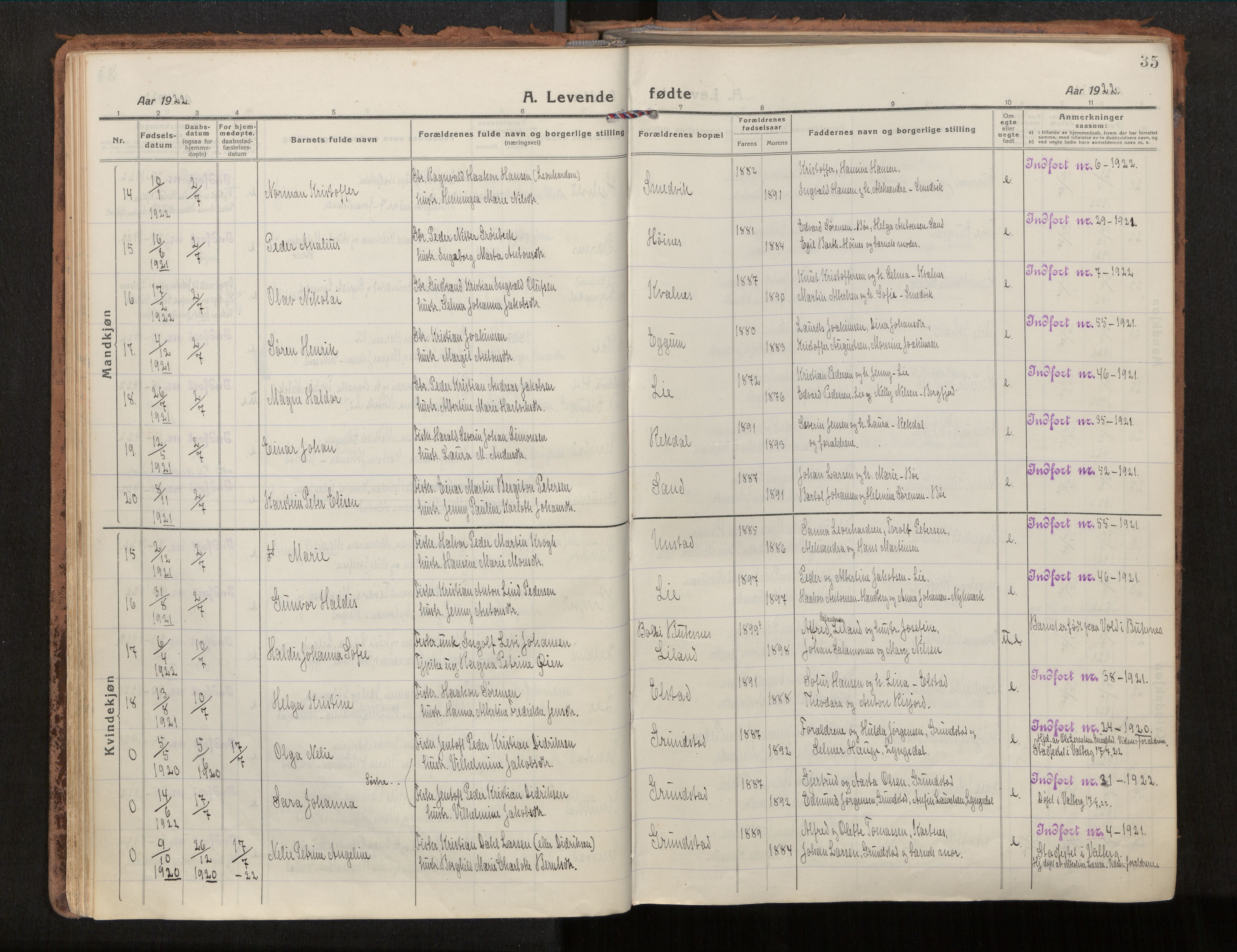 Ministerialprotokoller, klokkerbøker og fødselsregistre - Nordland, AV/SAT-A-1459/880/L1136: Parish register (official) no. 880A10, 1919-1927, p. 35