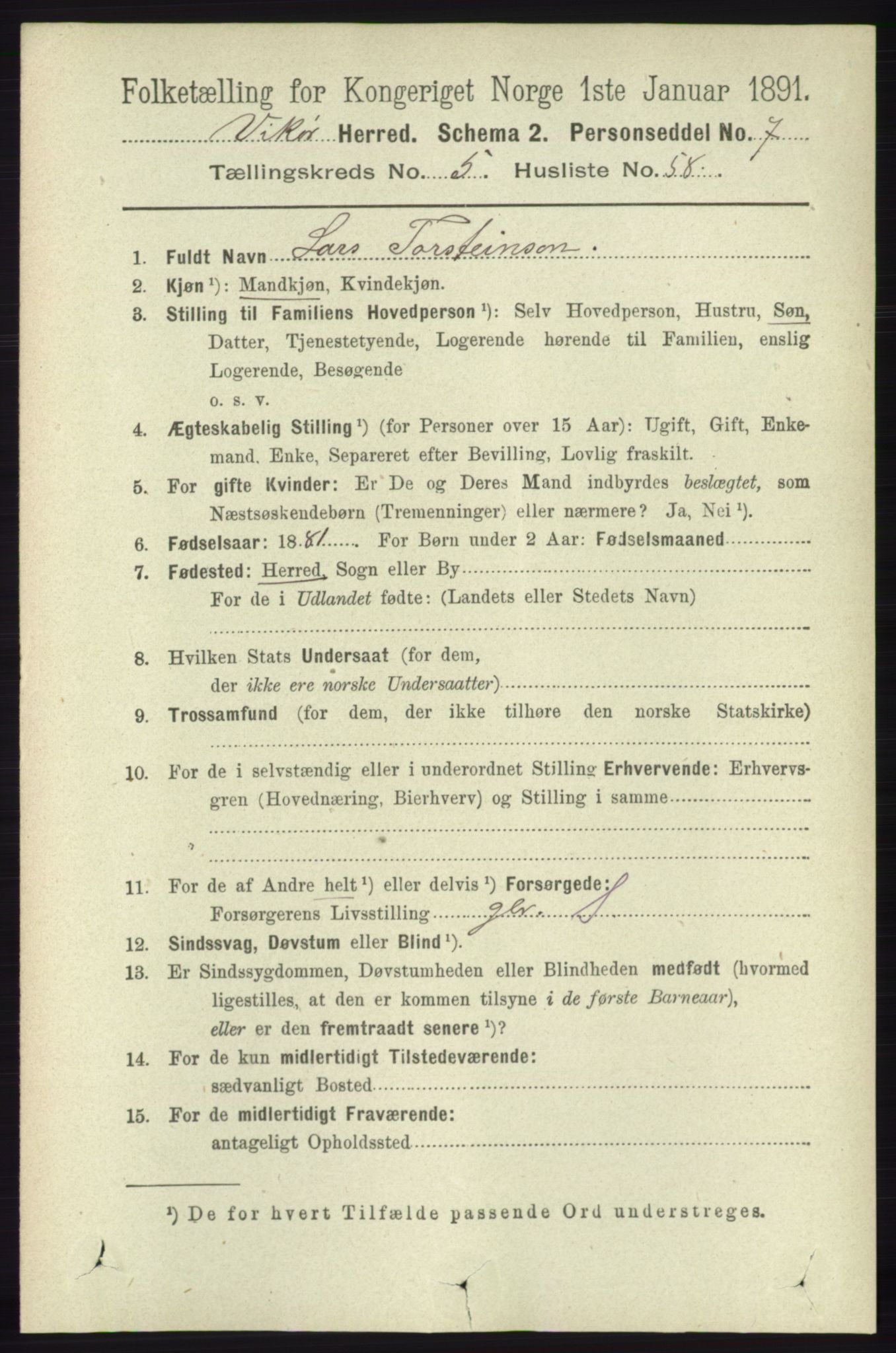 RA, 1891 census for 1238 Vikør, 1891, p. 1732