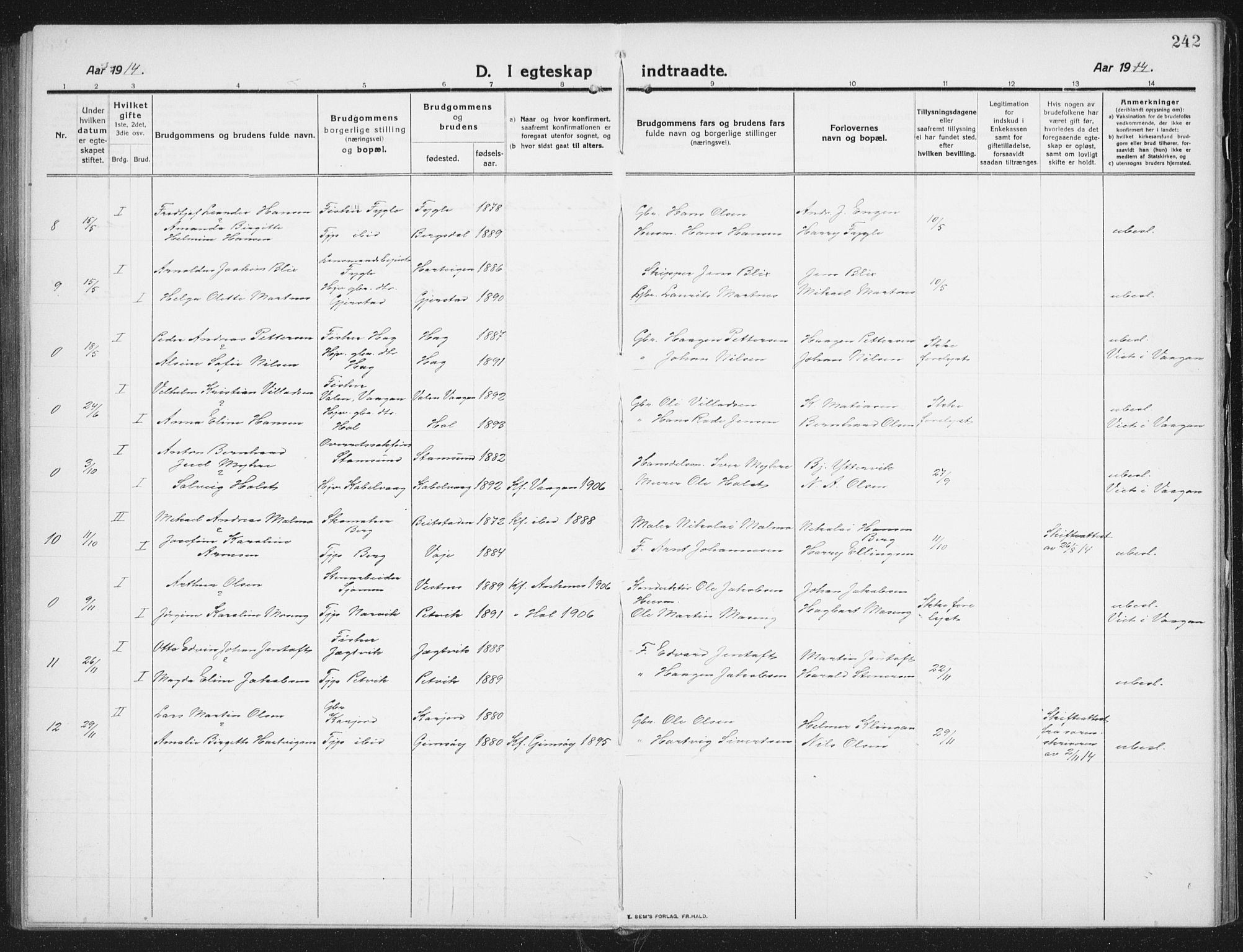 Ministerialprotokoller, klokkerbøker og fødselsregistre - Nordland, AV/SAT-A-1459/882/L1183: Parish register (copy) no. 882C01, 1911-1938, p. 242