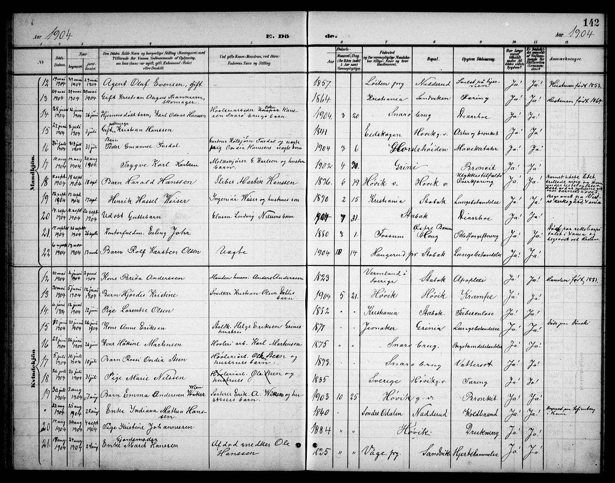 Østre Bærum prestekontor Kirkebøker, SAO/A-10887/G/Ga/L0001: Parish register (copy) no. 1, 1898-1913, p. 142