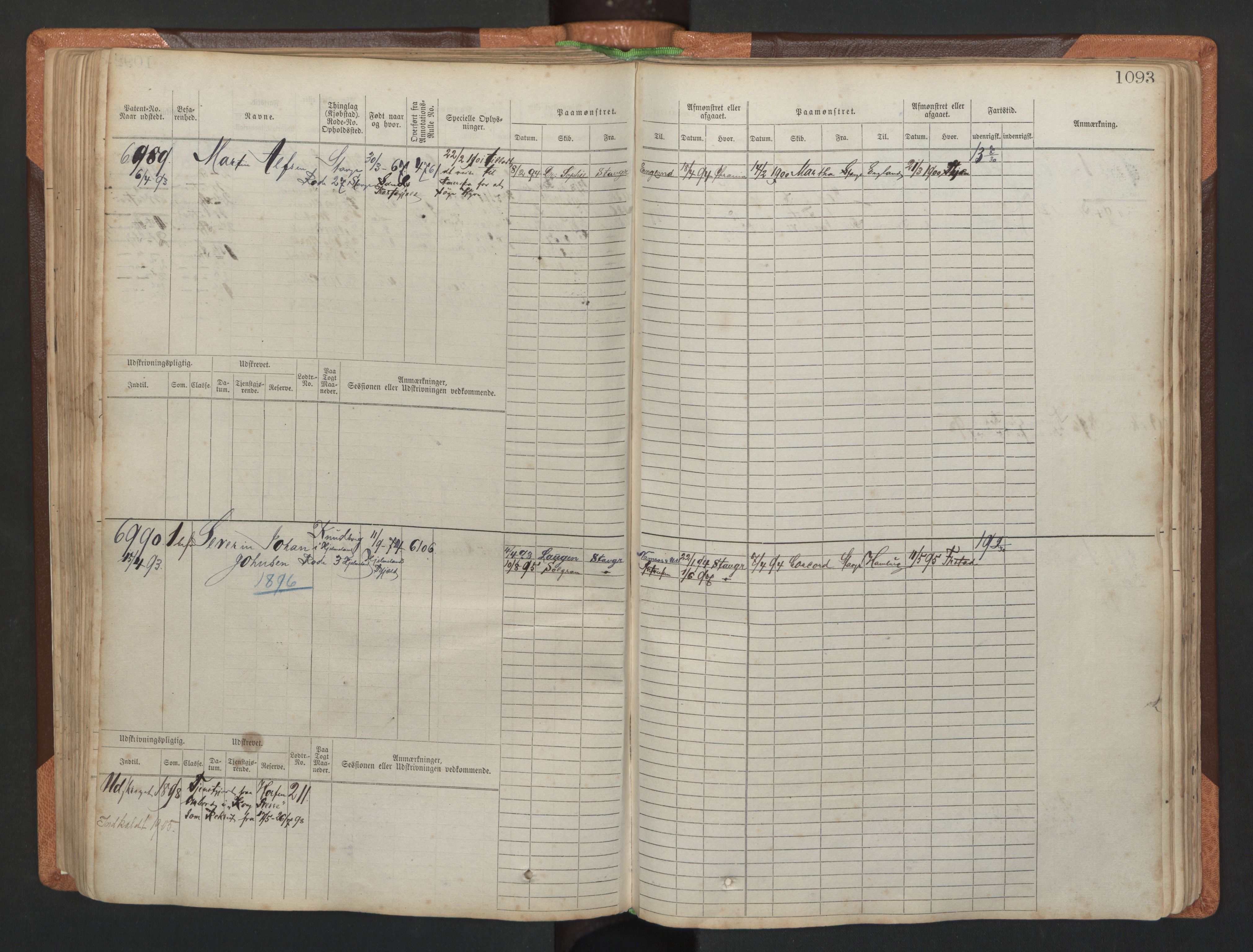 Stavanger sjømannskontor, AV/SAST-A-102006/F/Fb/Fbb/L0011: Sjøfartshovedrulle, patentnr. 6607-7206 (del 2), 1887-1896, p. 196