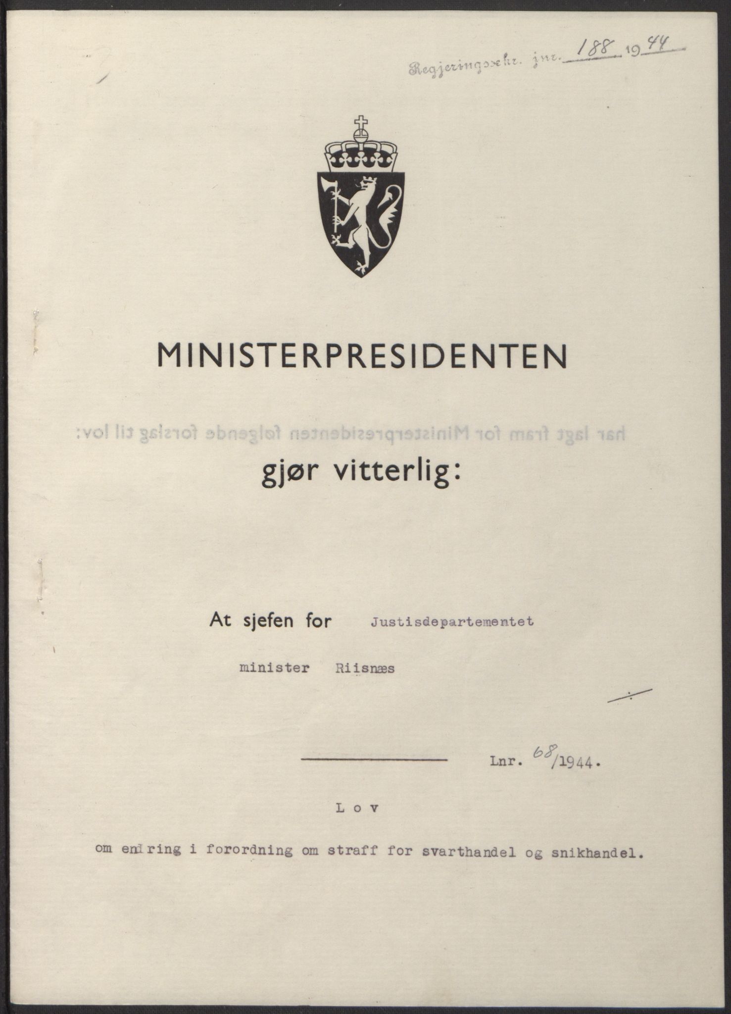 NS-administrasjonen 1940-1945 (Statsrådsekretariatet, de kommisariske statsråder mm), RA/S-4279/D/Db/L0100: Lover, 1944, p. 321