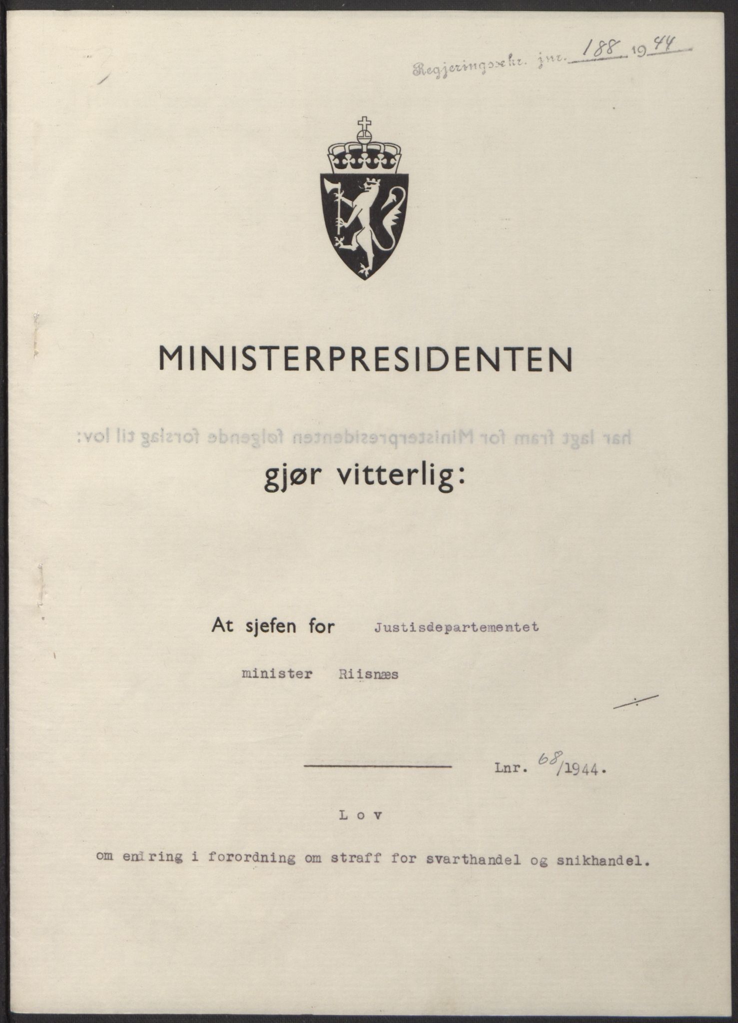 NS-administrasjonen 1940-1945 (Statsrådsekretariatet, de kommisariske statsråder mm), AV/RA-S-4279/D/Db/L0100: Lover, 1944, p. 321