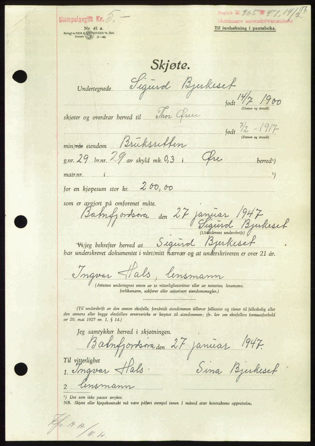 Nordmøre sorenskriveri, AV/SAT-A-4132/1/2/2Ca: Mortgage book no. A104, 1947-1947, Diary no: : 365/1947