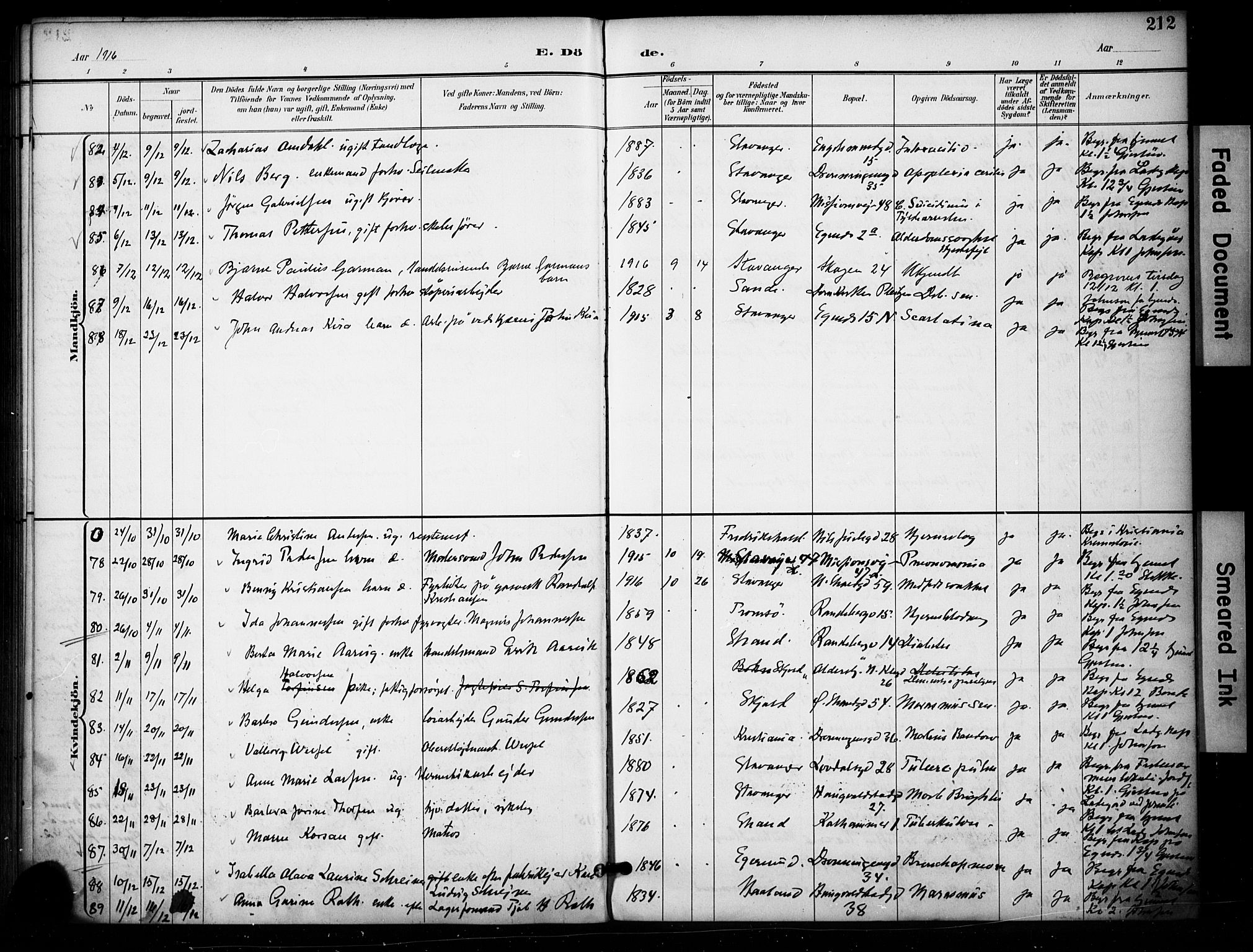 Domkirken sokneprestkontor, AV/SAST-A-101812/001/30/30BA/L0032: Parish register (official) no. A 31, 1896-1917, p. 212