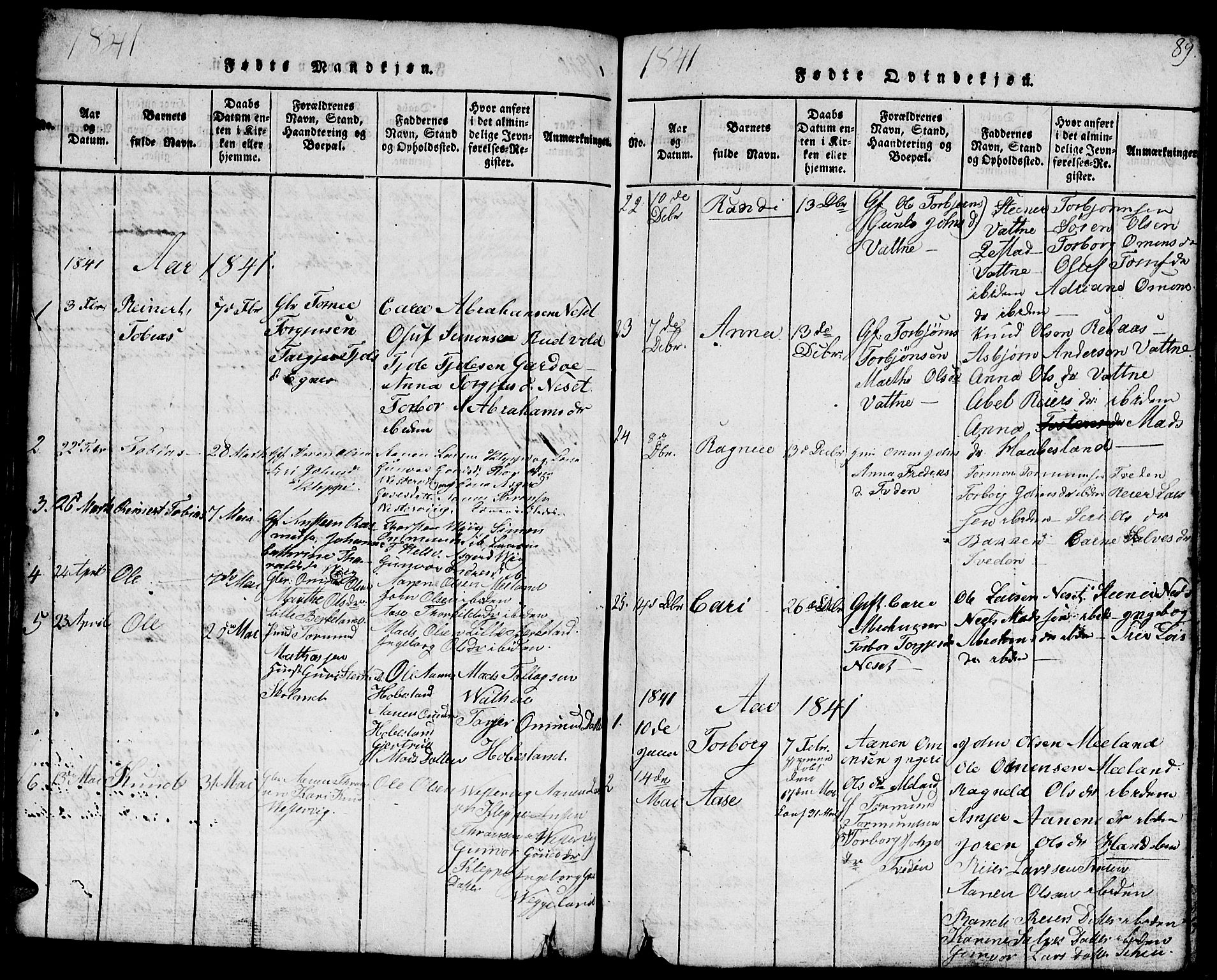 Hægebostad sokneprestkontor, SAK/1111-0024/F/Fb/Fbb/L0001: Parish register (copy) no. B 1, 1816-1850, p. 89