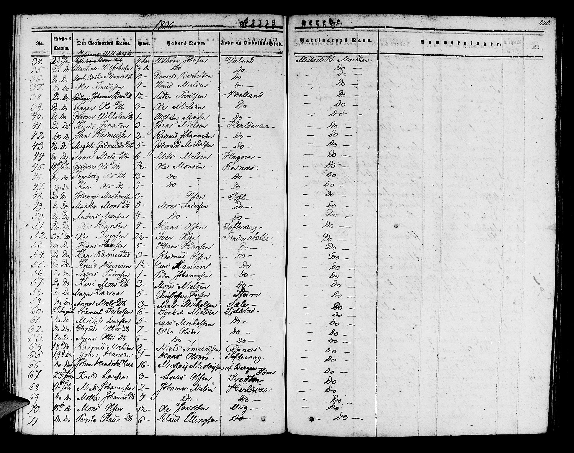 Manger sokneprestembete, SAB/A-76801/H/Haa: Parish register (official) no. A 4, 1824-1838, p. 420