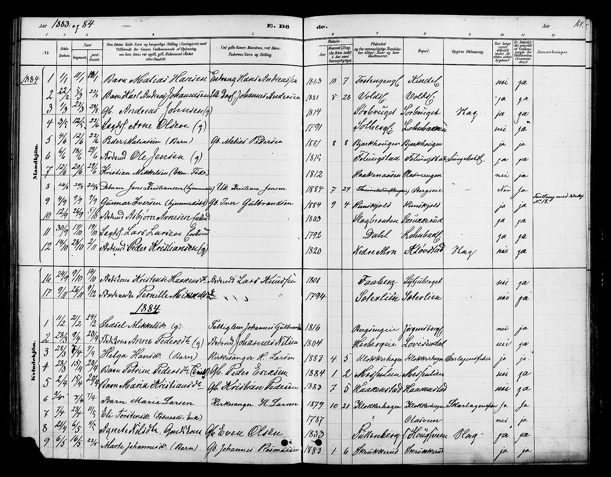 Ringsaker prestekontor, SAH/PREST-014/K/Ka/L0013: Parish register (official) no. 13, 1879-1890, p. 164