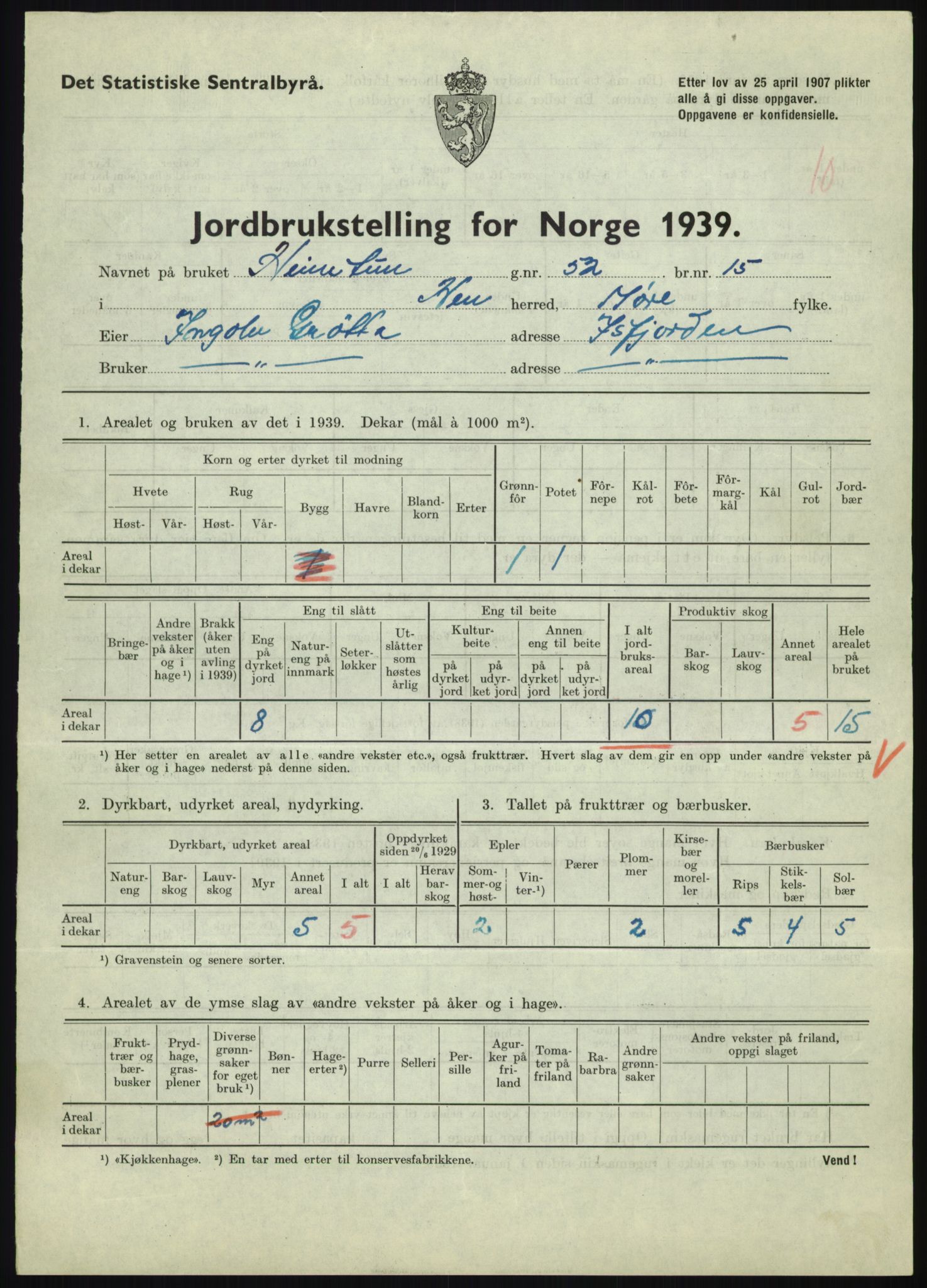 Statistisk sentralbyrå, Næringsøkonomiske emner, Jordbruk, skogbruk, jakt, fiske og fangst, AV/RA-S-2234/G/Gb/L0251: Møre og Romsdal: Voll, Eid, Grytten og Hen, 1939, p. 1089