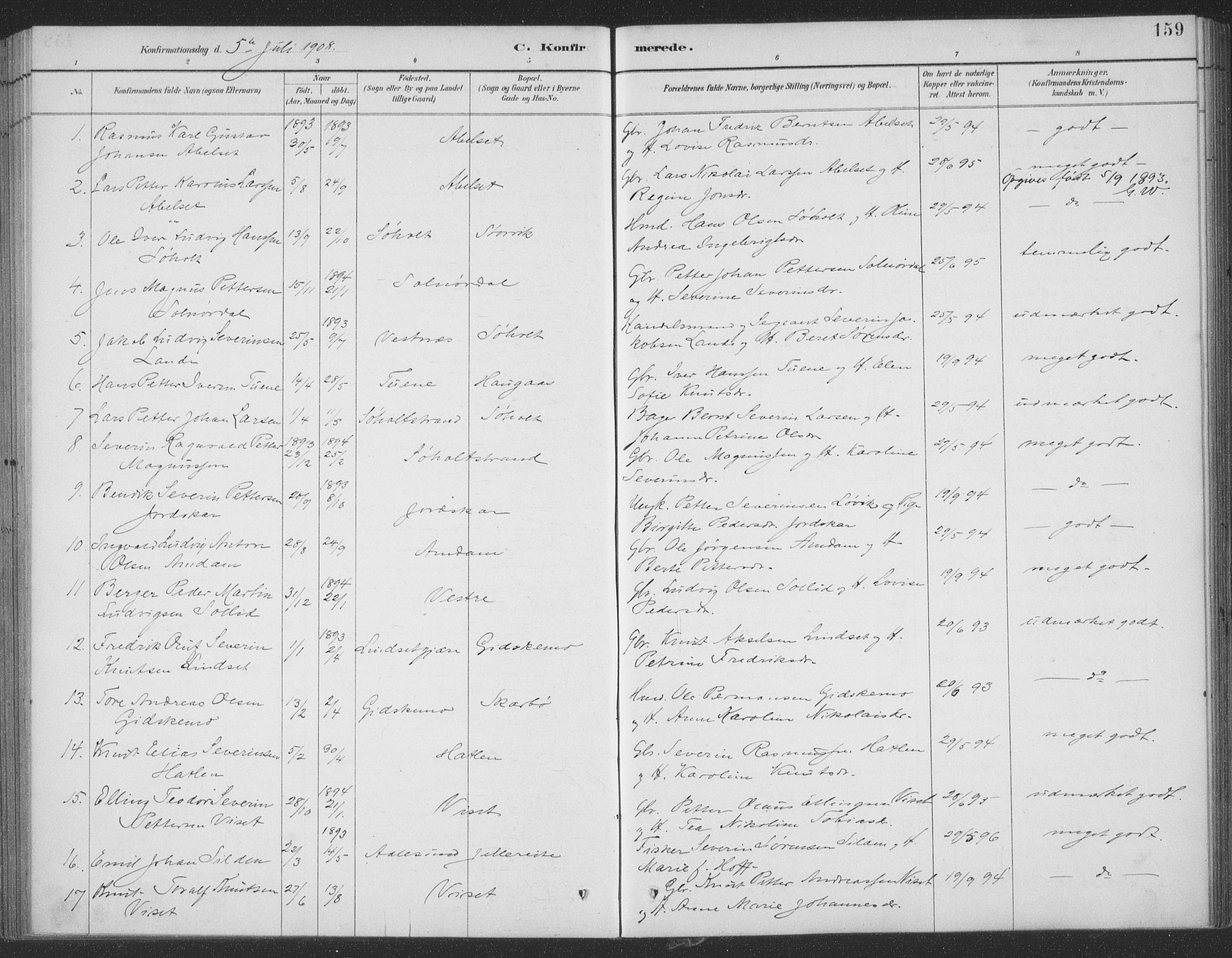 Ministerialprotokoller, klokkerbøker og fødselsregistre - Møre og Romsdal, SAT/A-1454/522/L0316: Parish register (official) no. 522A11, 1890-1911, p. 159