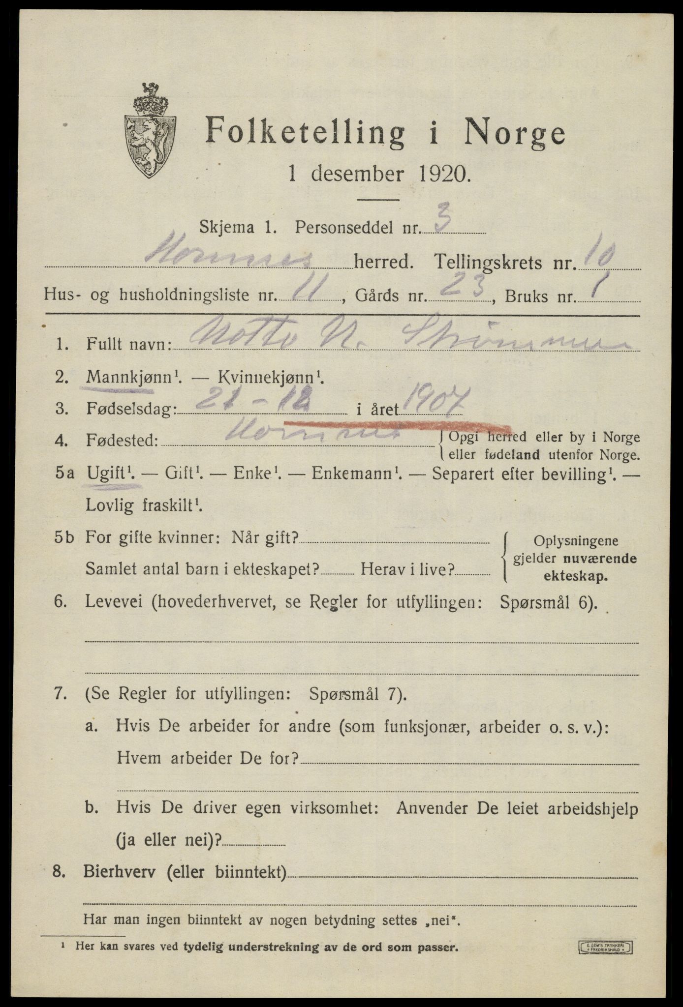 SAK, 1920 census for Hornnes, 1920, p. 2619