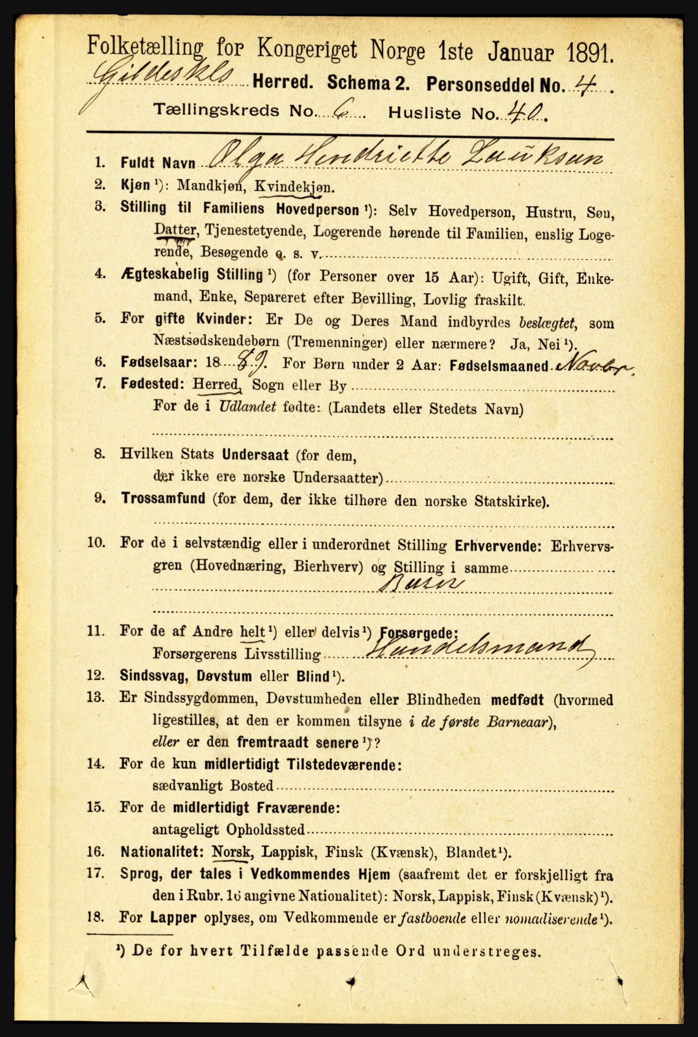 RA, 1891 census for 1838 Gildeskål, 1891, p. 2196