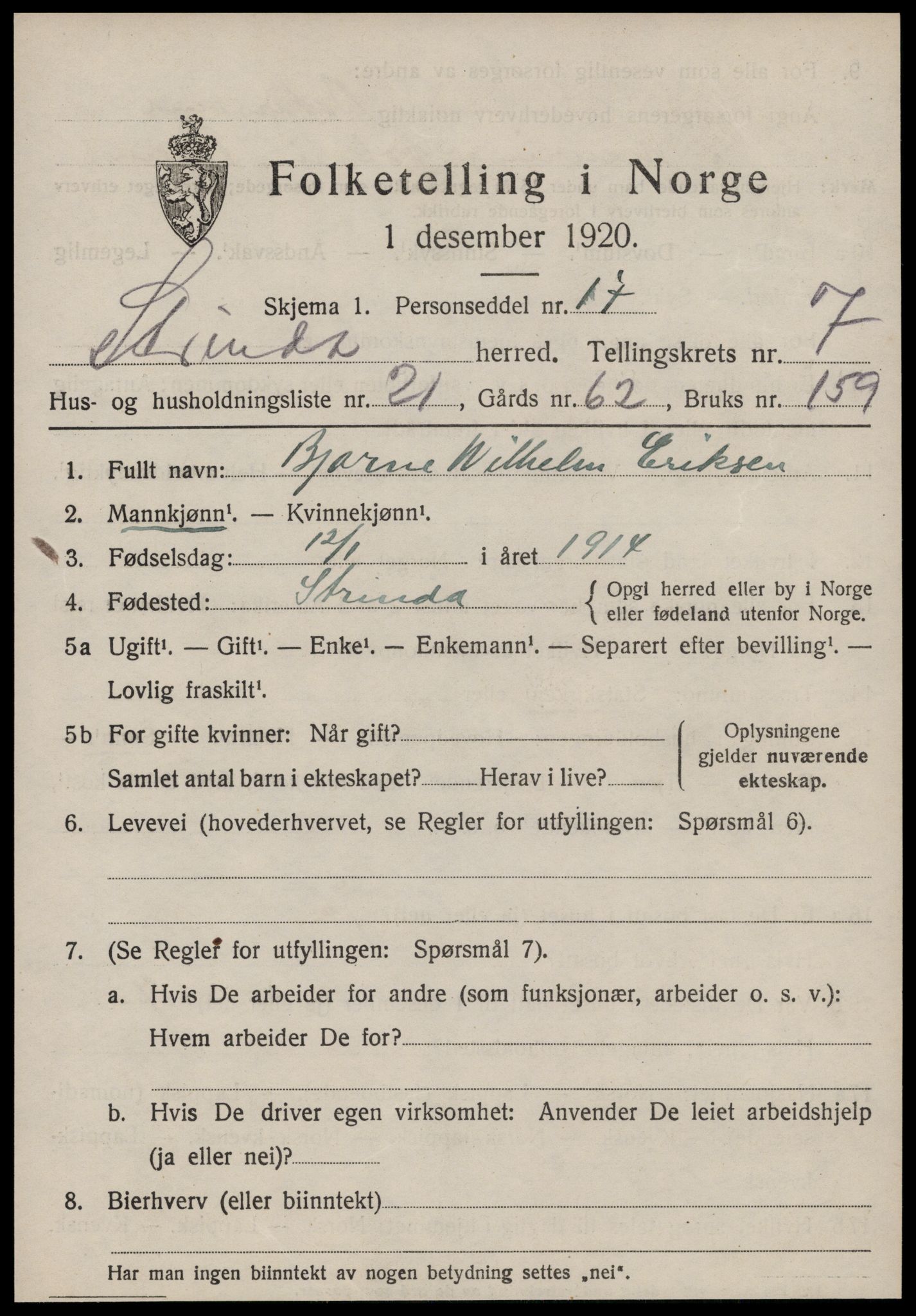 SAT, 1920 census for Strinda, 1920, p. 17578