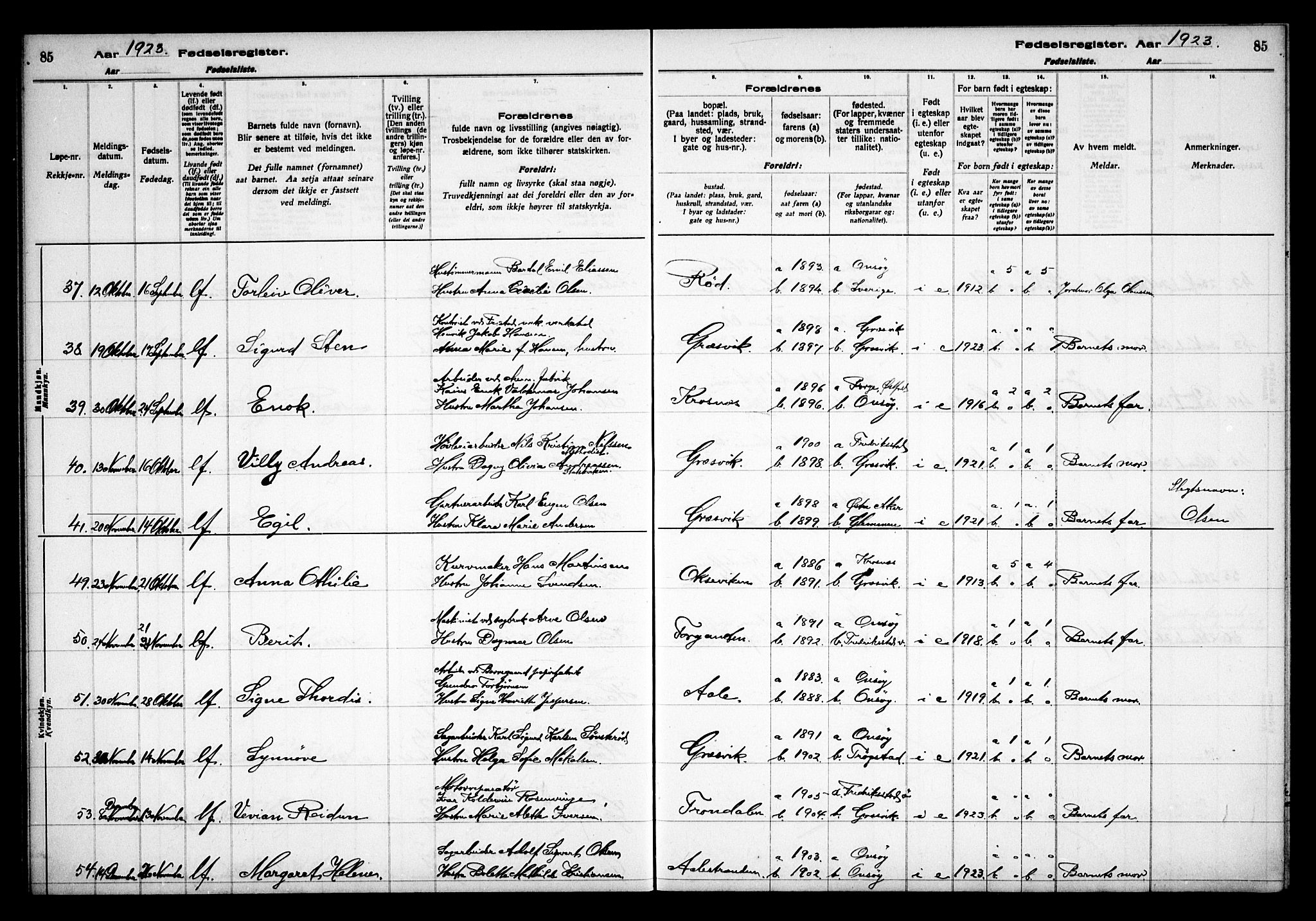 Onsøy prestekontor Kirkebøker, AV/SAO-A-10914/J/Jb/L0001: Birth register no. II 1, 1916-1938, p. 85