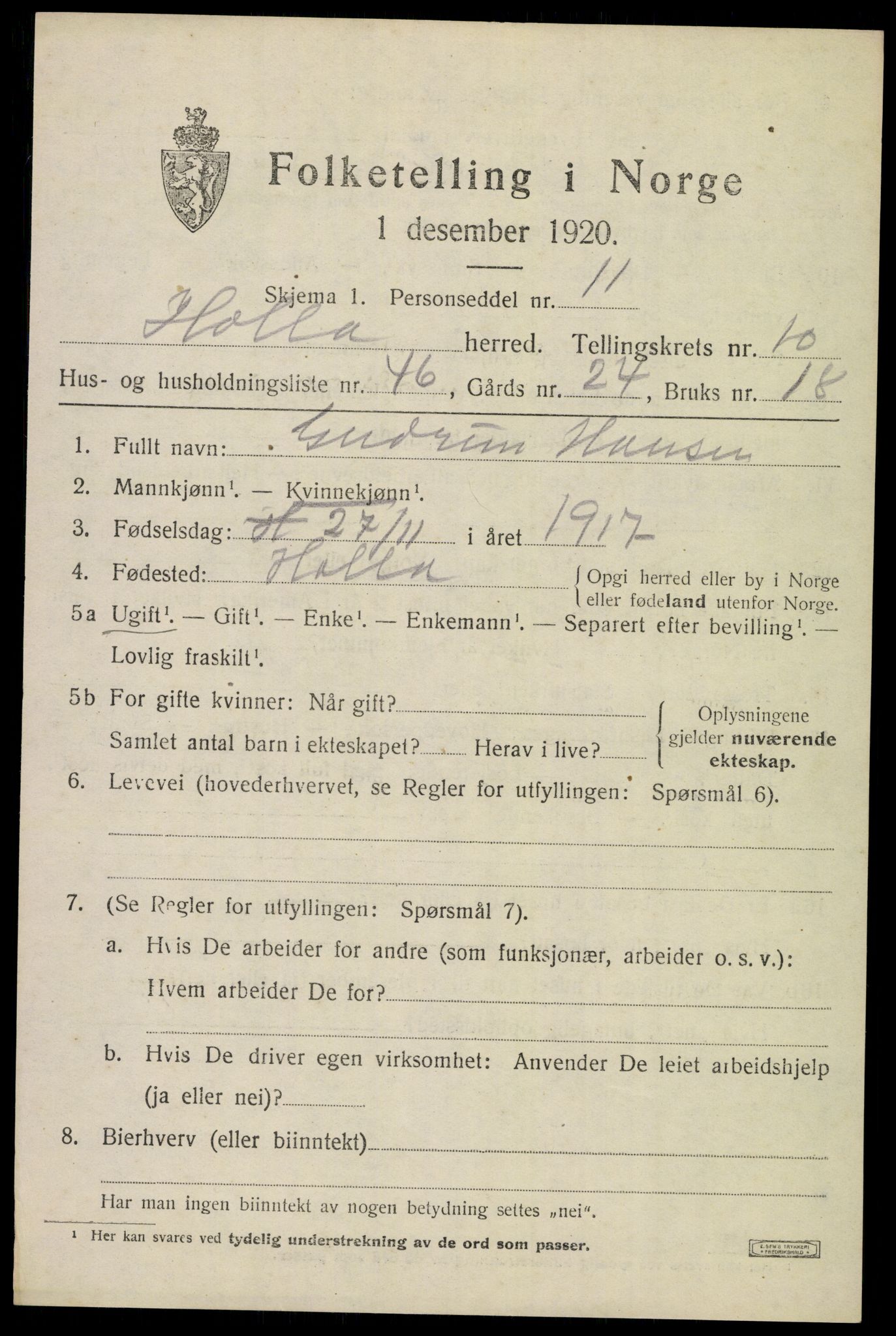 SAKO, 1920 census for Holla, 1920, p. 6595