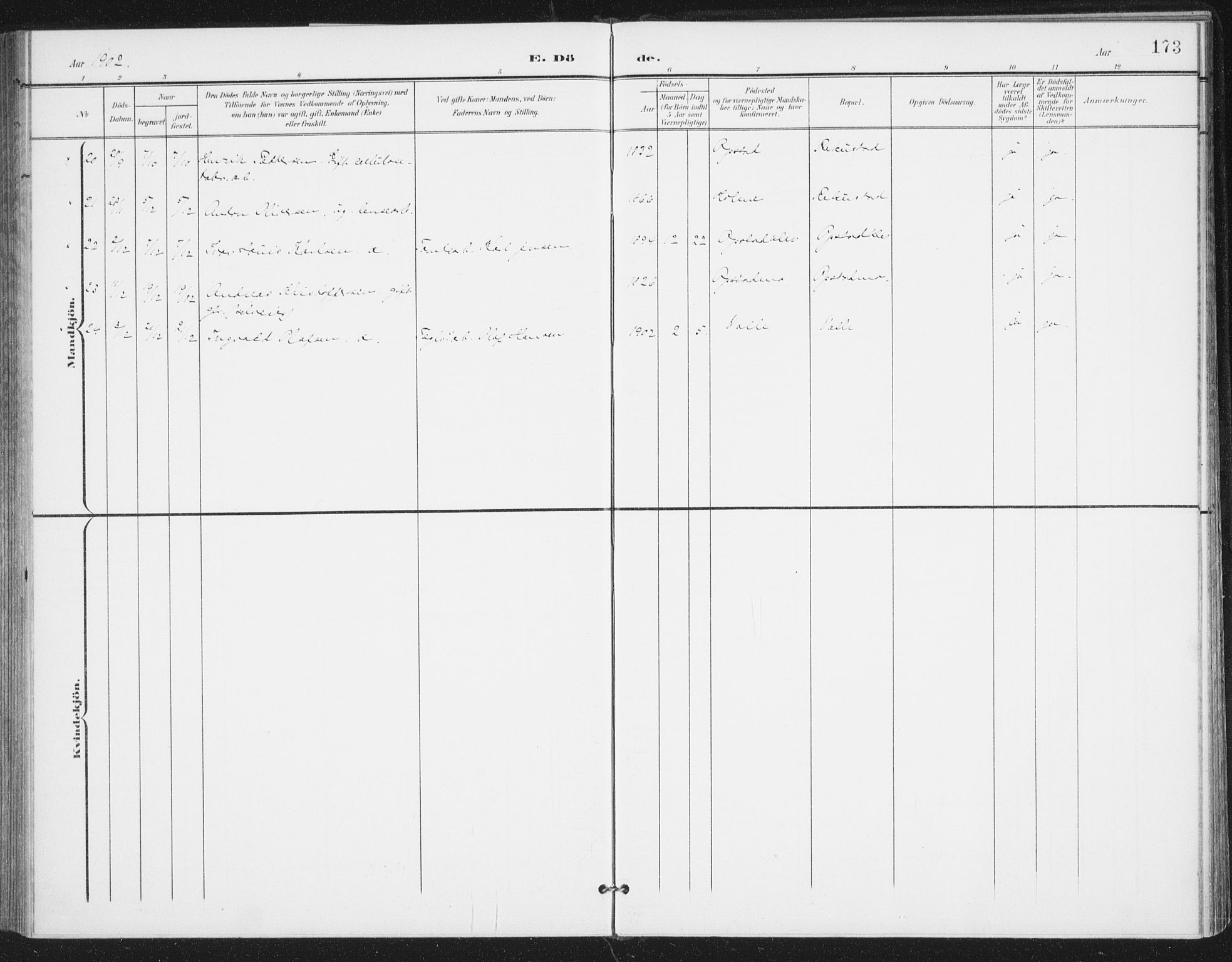 Rolvsøy prestekontor Kirkebøker, AV/SAO-A-2004/F/Fa/L0001: Parish register (official) no. 1, 1901-1909, p. 173