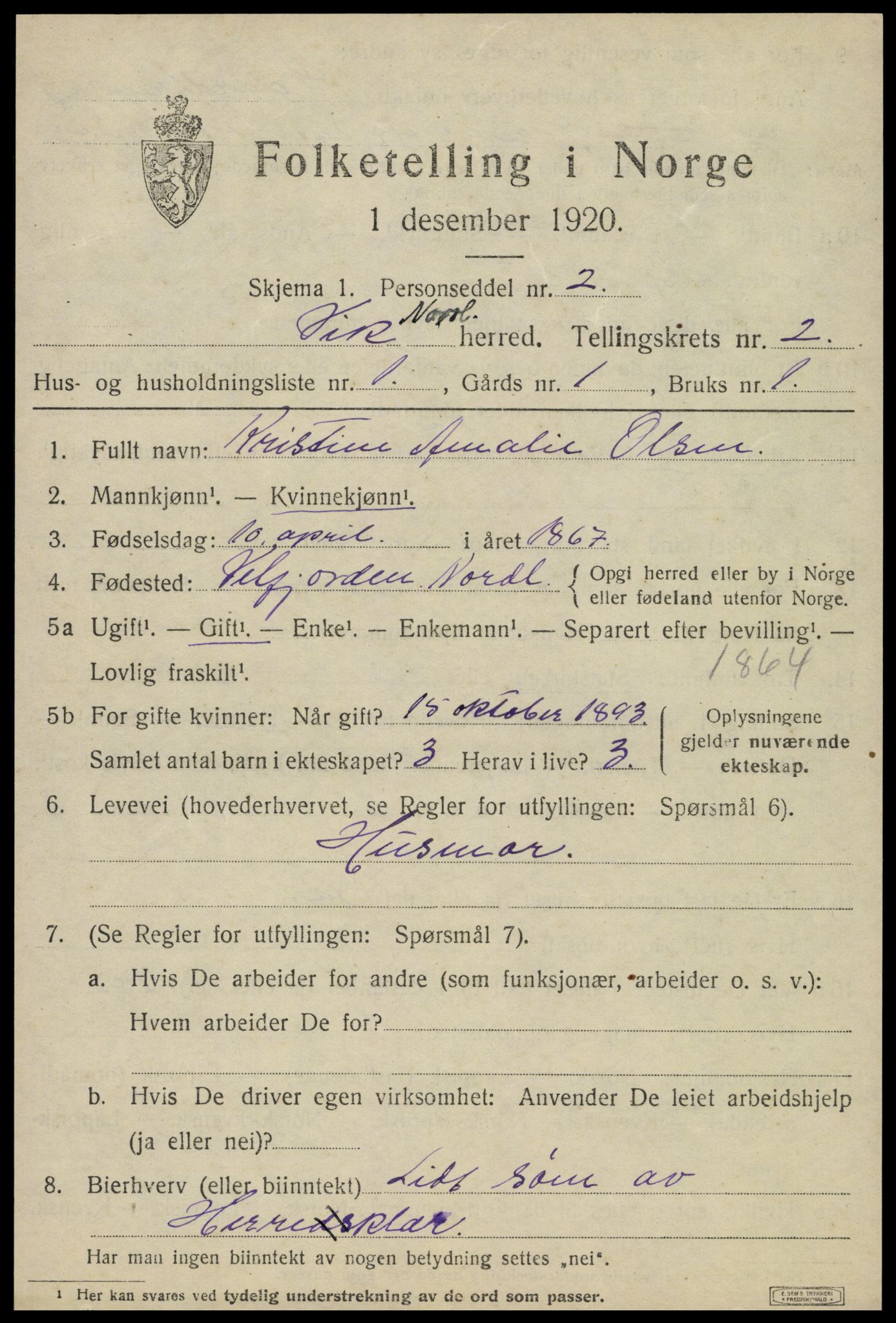 SAT, 1920 census for Vik, 1920, p. 1141