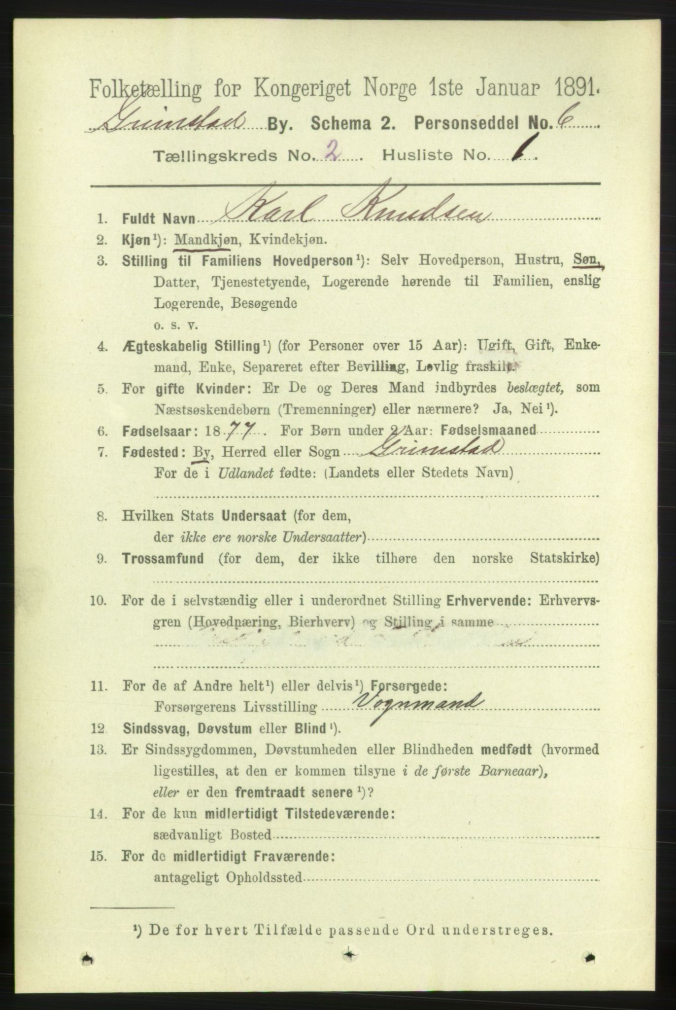 RA, 1891 census for 0904 Grimstad, 1891, p. 1499