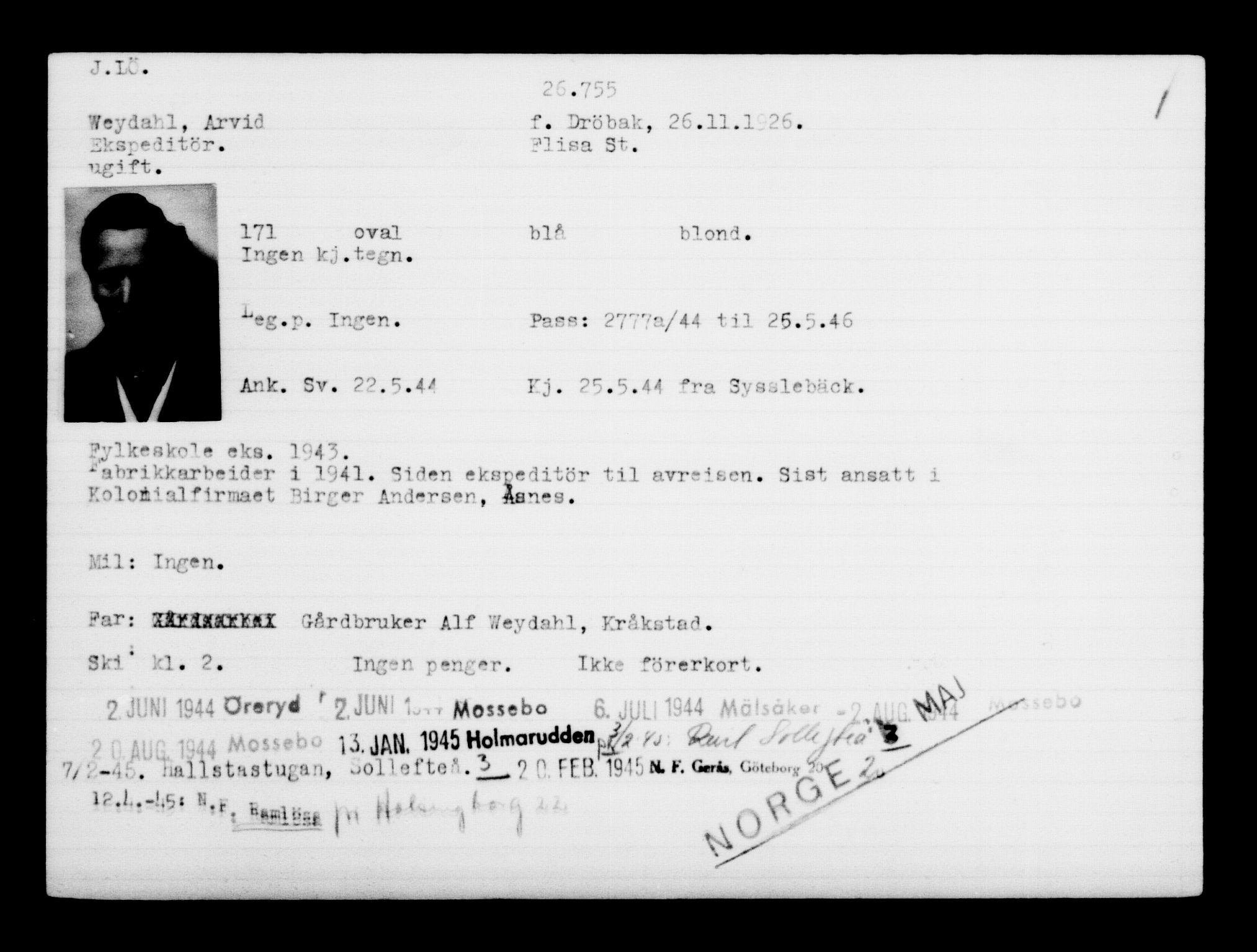 Utenriksstasjonene, Legasjonen i Stockholm, Flyktningkontoret, AV/RA-S-6753/V/Va/L0011: Kjesäterkartoteket, flyktninger med registreringsnr. 25300-28349, 1940-1945, p. 1529