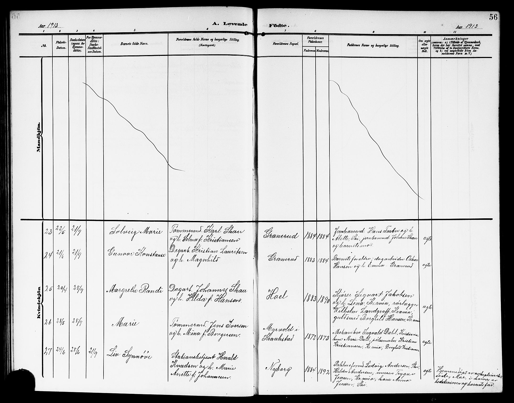 Kråkstad prestekontor Kirkebøker, SAO/A-10125a/G/Gb/L0001: Parish register (copy) no. II 1, 1905-1920, p. 56