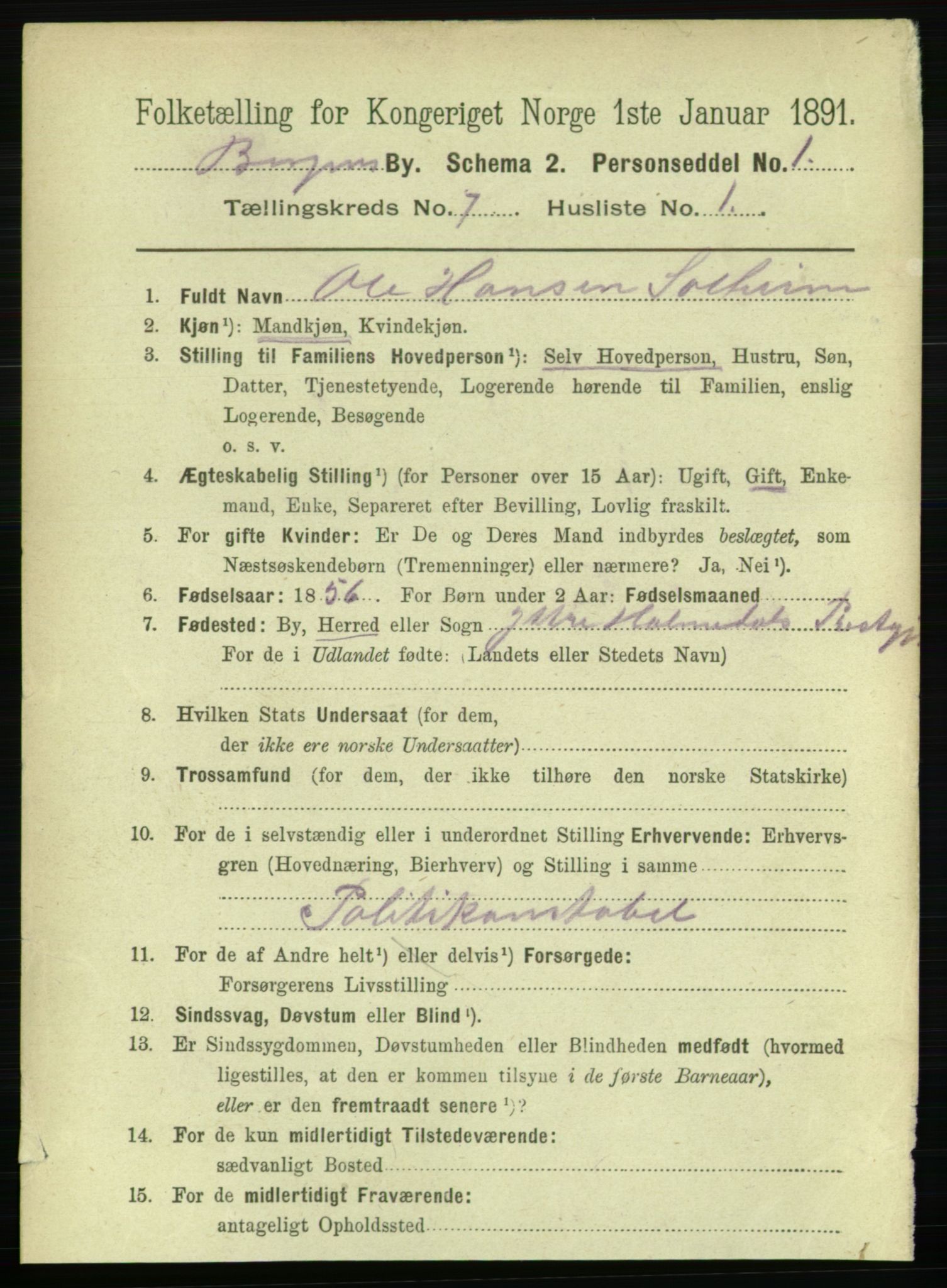 RA, 1891 Census for 1301 Bergen, 1891, p. 15715