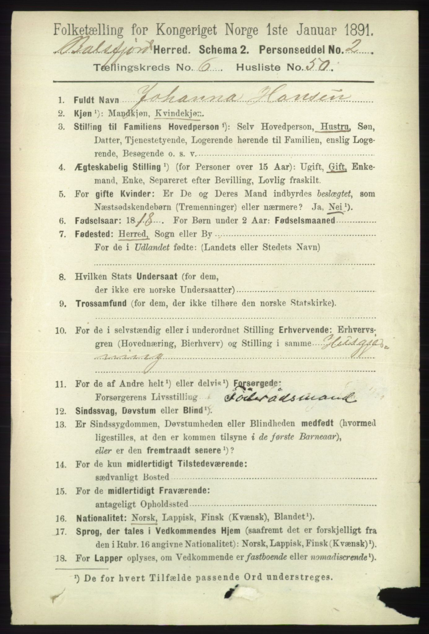 RA, 1891 census for 1933 Balsfjord, 1891, p. 1971