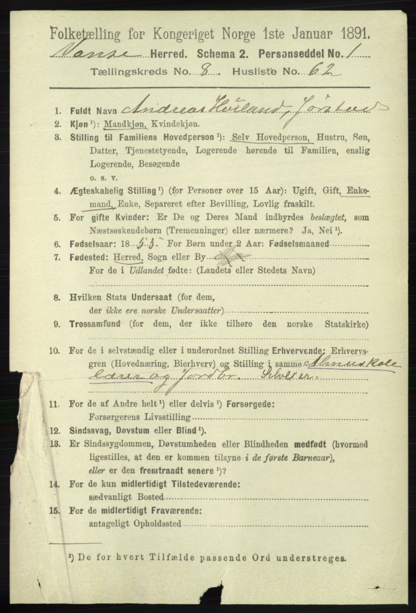 RA, 1891 census for 1041 Vanse, 1891, p. 5209