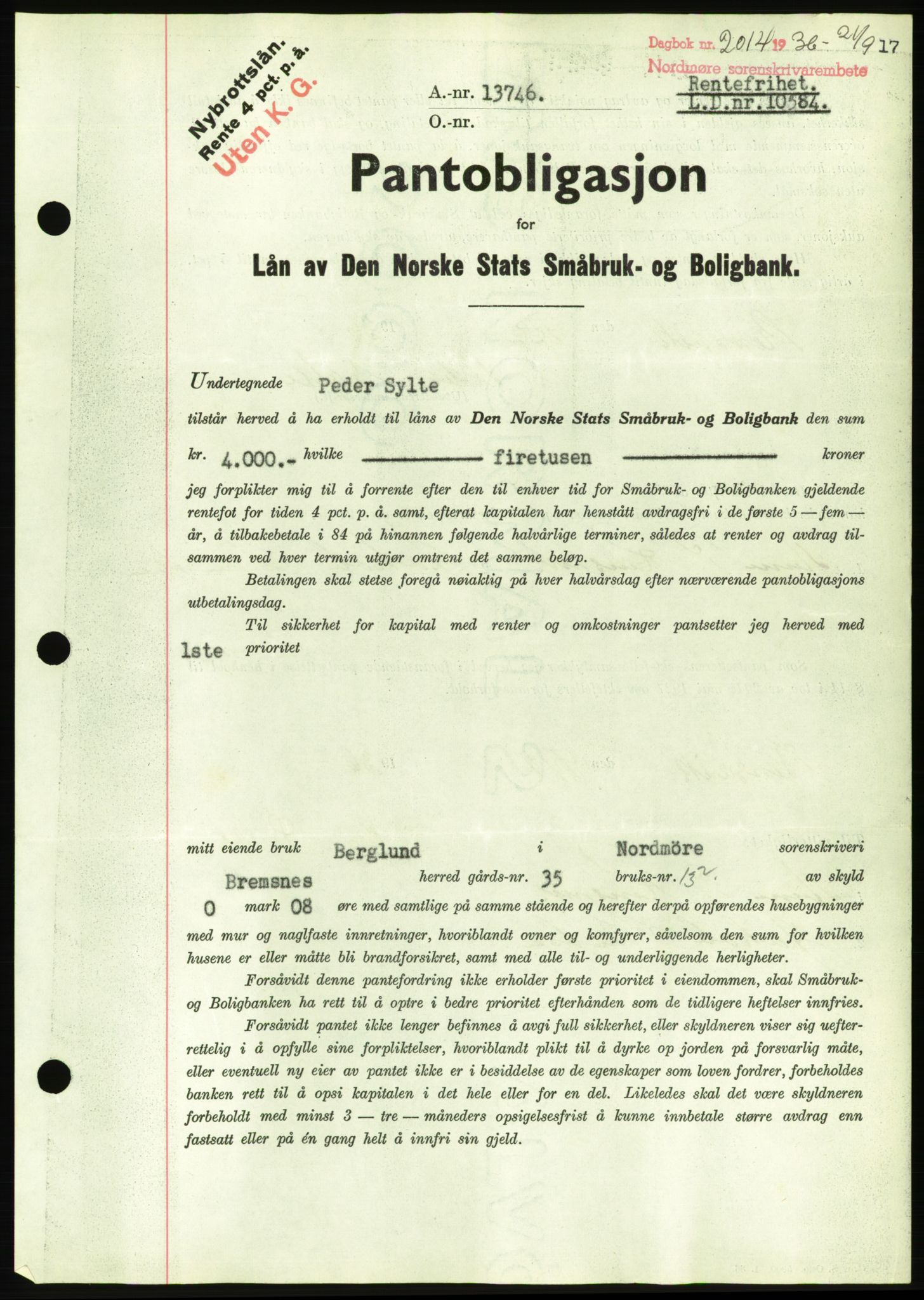 Nordmøre sorenskriveri, AV/SAT-A-4132/1/2/2Ca/L0090: Mortgage book no. B80, 1936-1937, Diary no: : 2014/1936