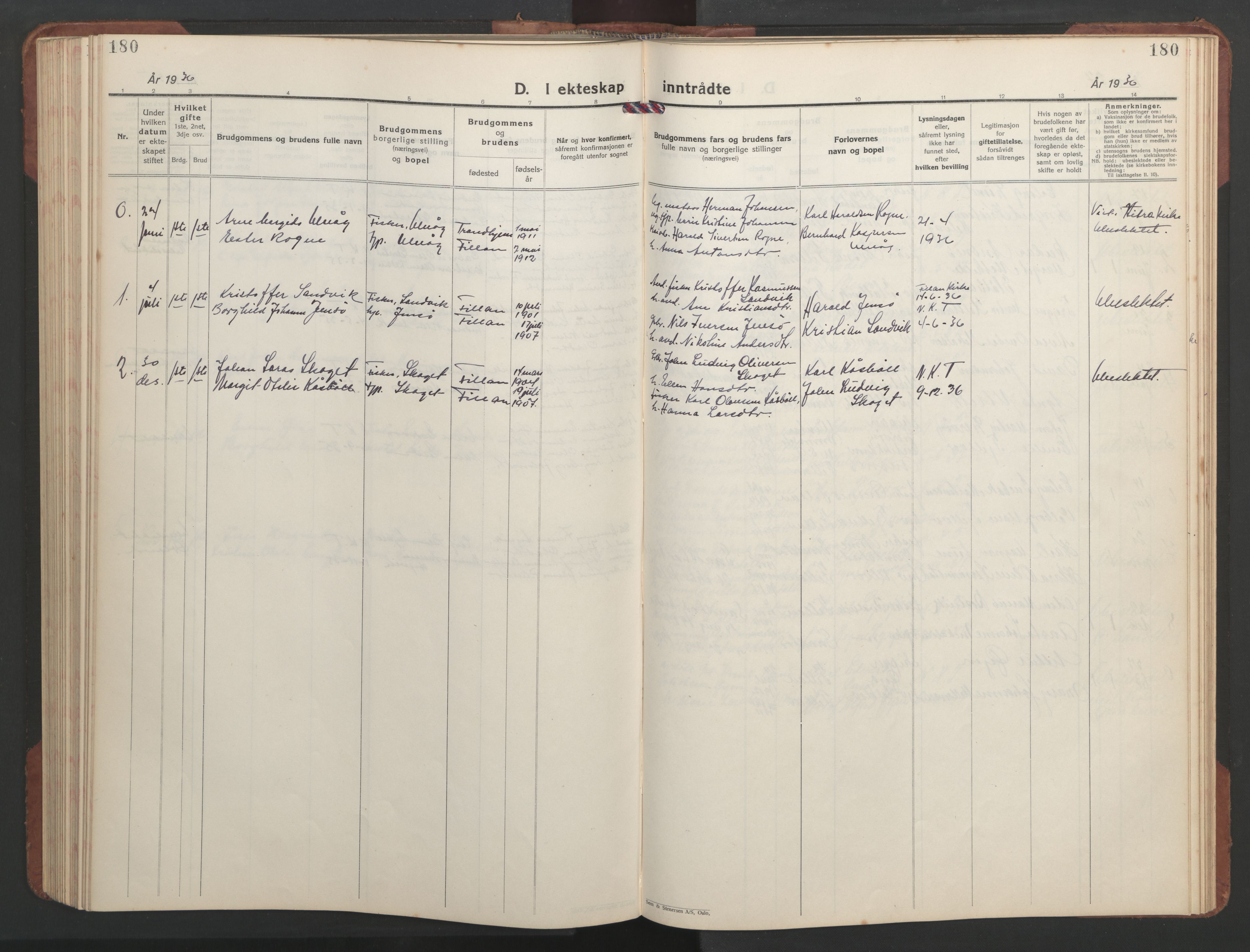 Ministerialprotokoller, klokkerbøker og fødselsregistre - Sør-Trøndelag, SAT/A-1456/637/L0564: Parish register (copy) no. 637C05, 1928-1968, p. 180