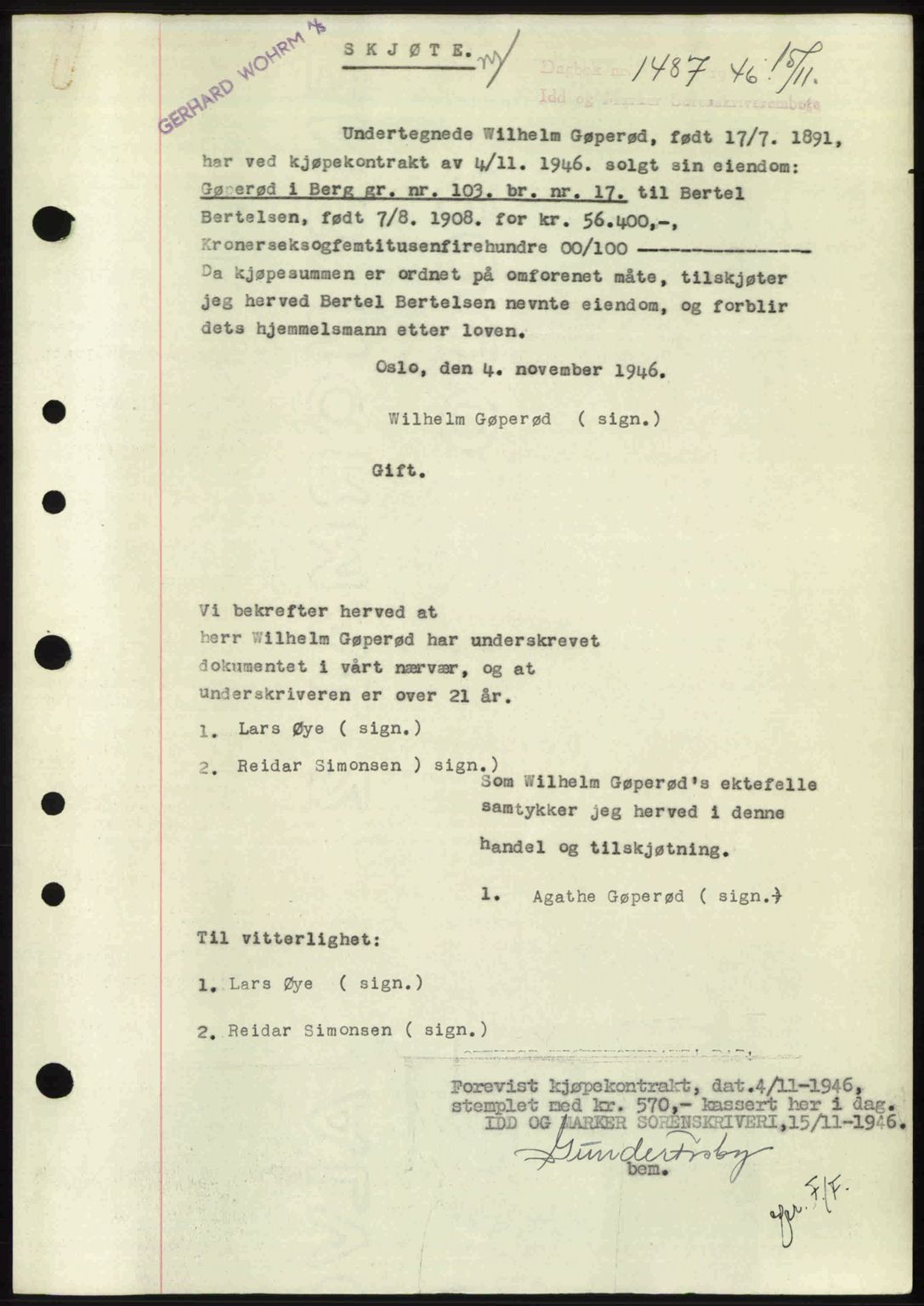 Idd og Marker sorenskriveri, AV/SAO-A-10283/G/Gb/Gbb/L0008: Mortgage book no. A8, 1946-1946, Diary no: : 1487/1946