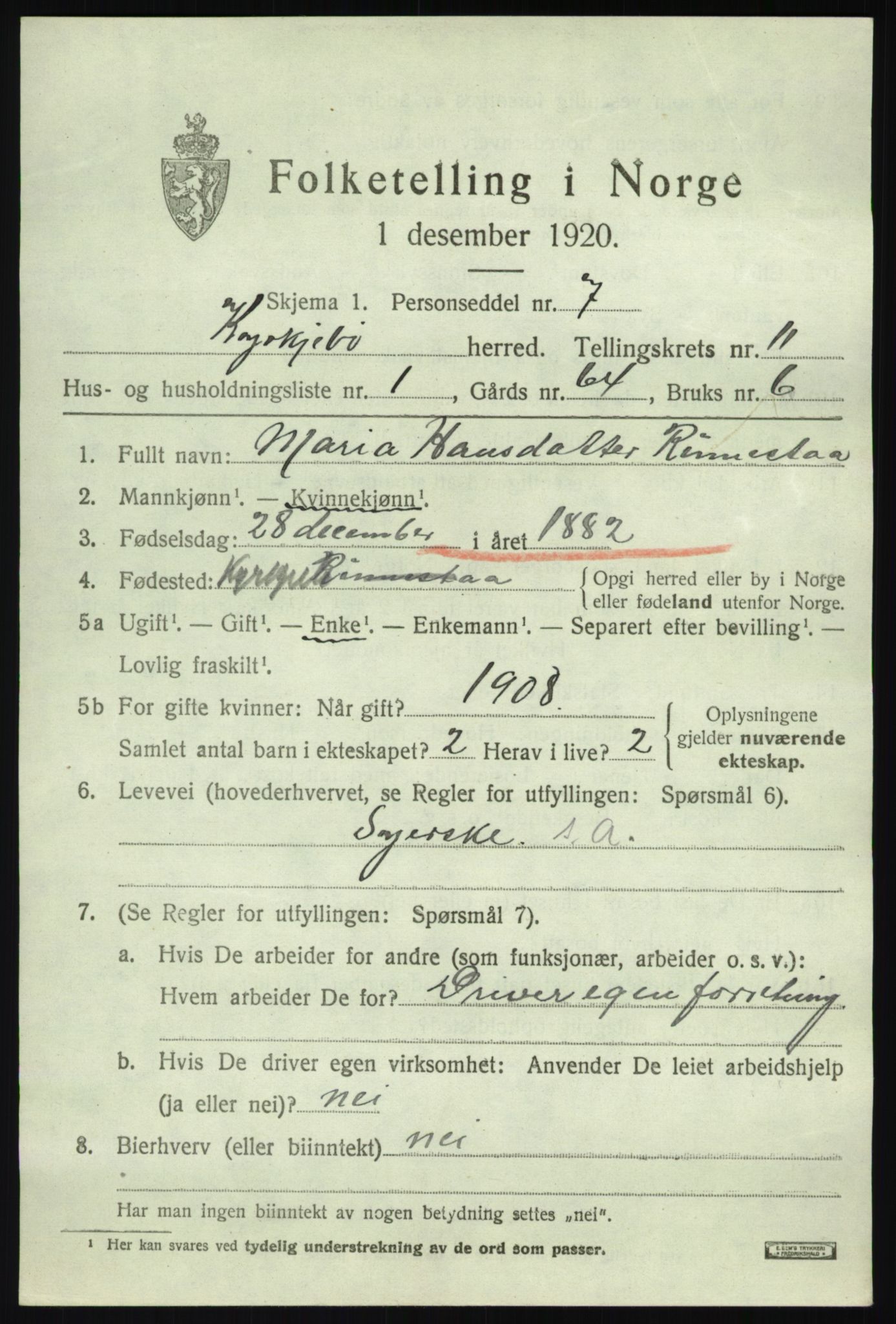 SAB, 1920 census for Kyrkjebø, 1920, p. 5727